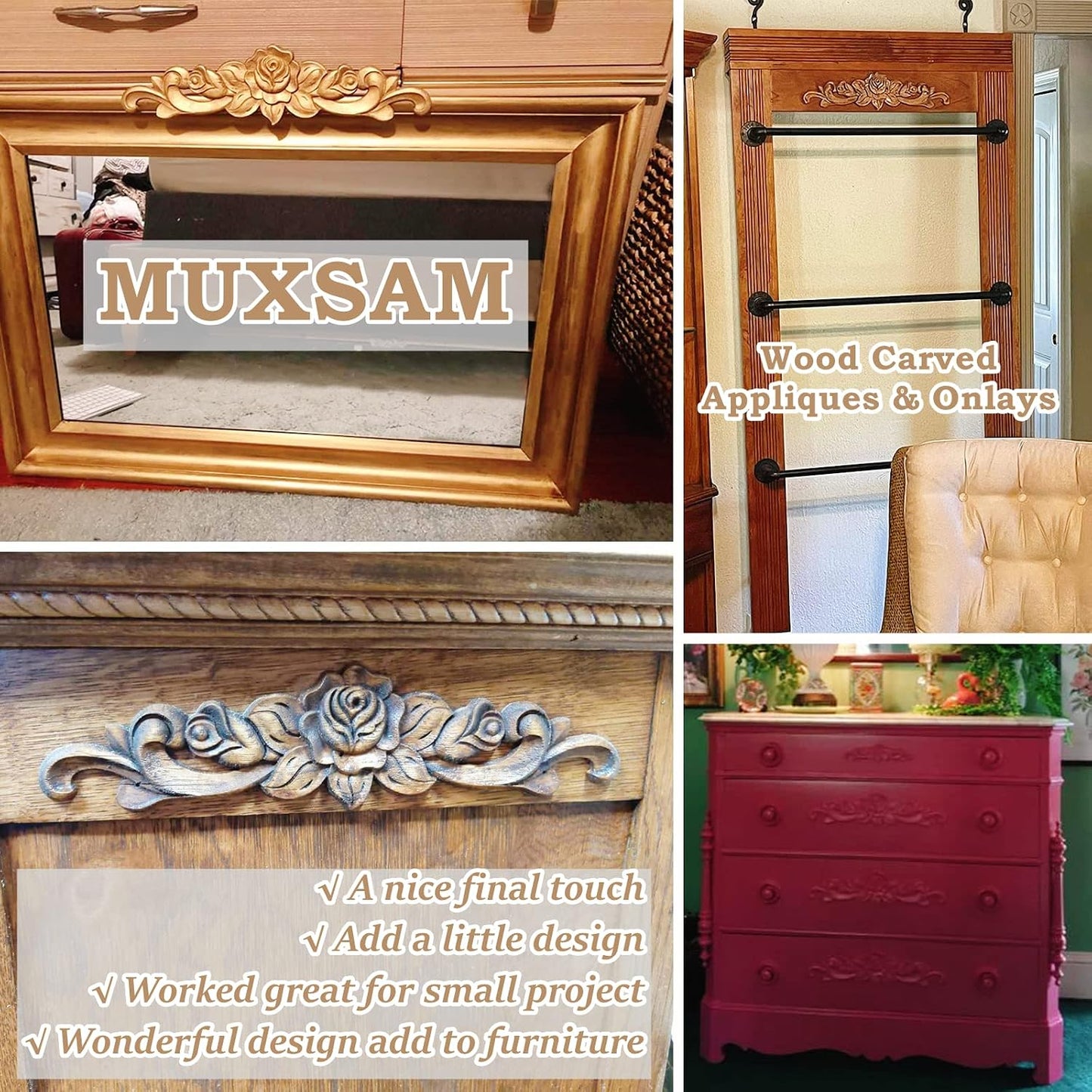Unpainted Decorative Carved Decals for Bed Door Cabinet Wardrobe Mantel / Small / Set of 5