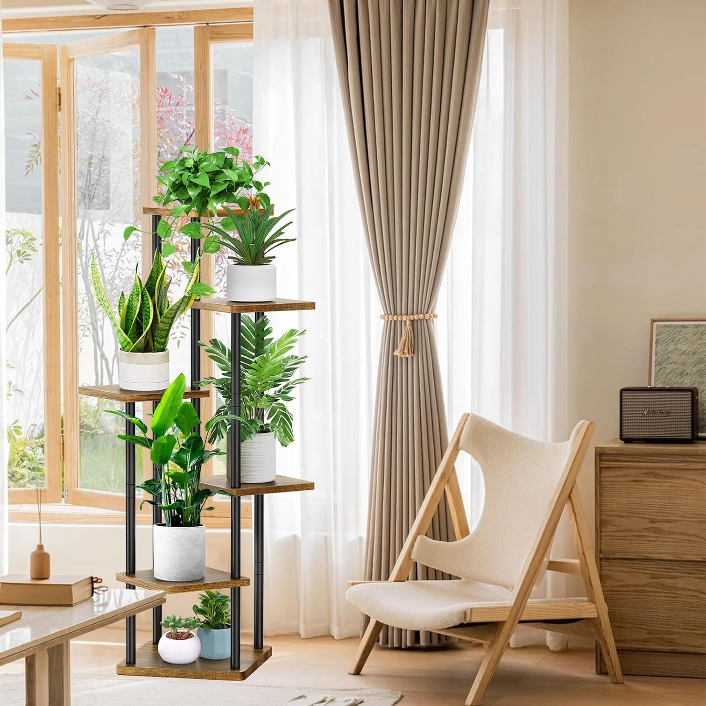 6 Tier Plant Stand Indoor, Thickened Metal Wood Corner Plant Shelf Stands for Multiple Plants, Indoor Tall Plants Stand