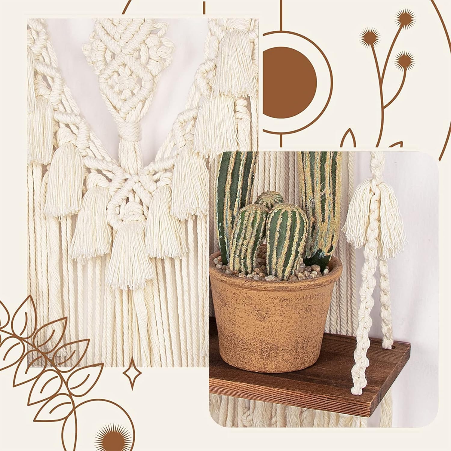 Handmade Bohemian Wooden Woven Plant Floating Shelves Decor / Large