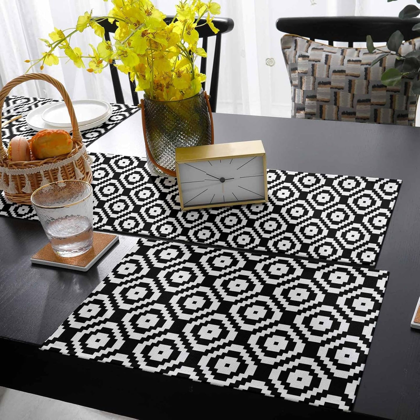 Black White Geometric Table Runner with Placemats Set of 6, Cotton Linen Kitchen Dining Mats Long Table Cover 16"x72"
