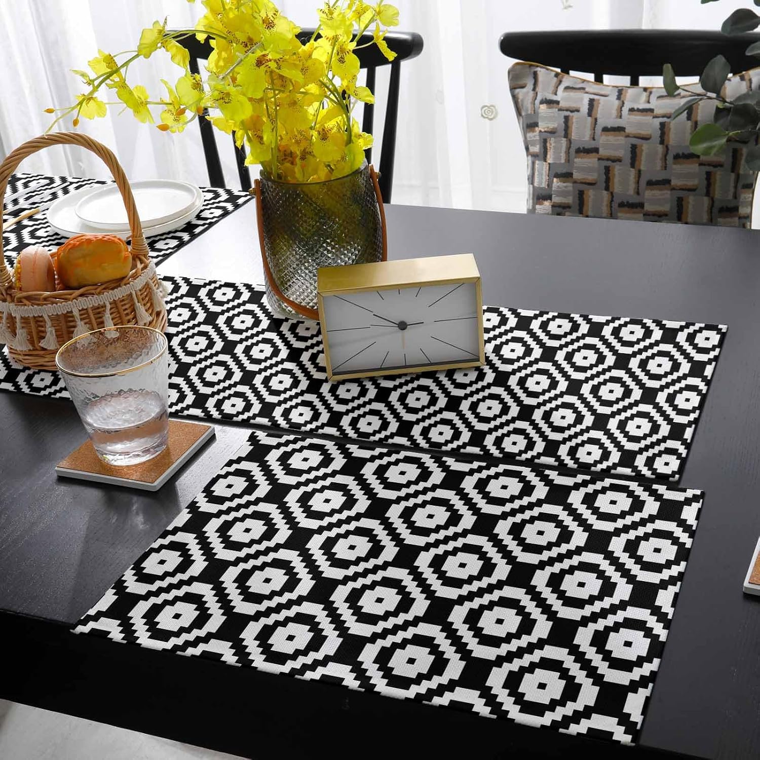 Black White Geometric Table Runner with Placemats Set of 6, Cotton Linen Kitchen Dining Mats Long Table Cover 16"x72"