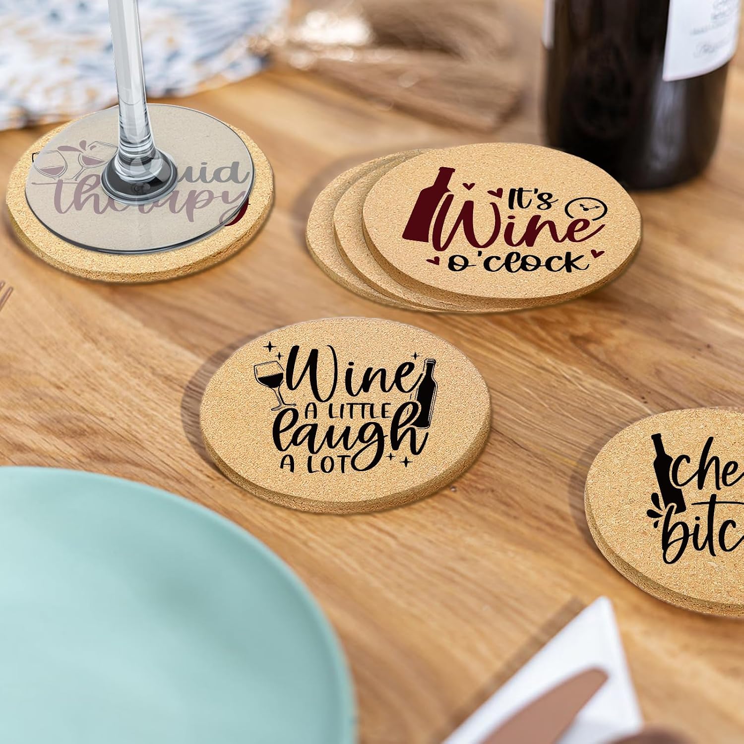 Holder / Absorbent Cork Wood Coaster for Cup Desk Office Table Kitchen Decor / Wine / Set of 6