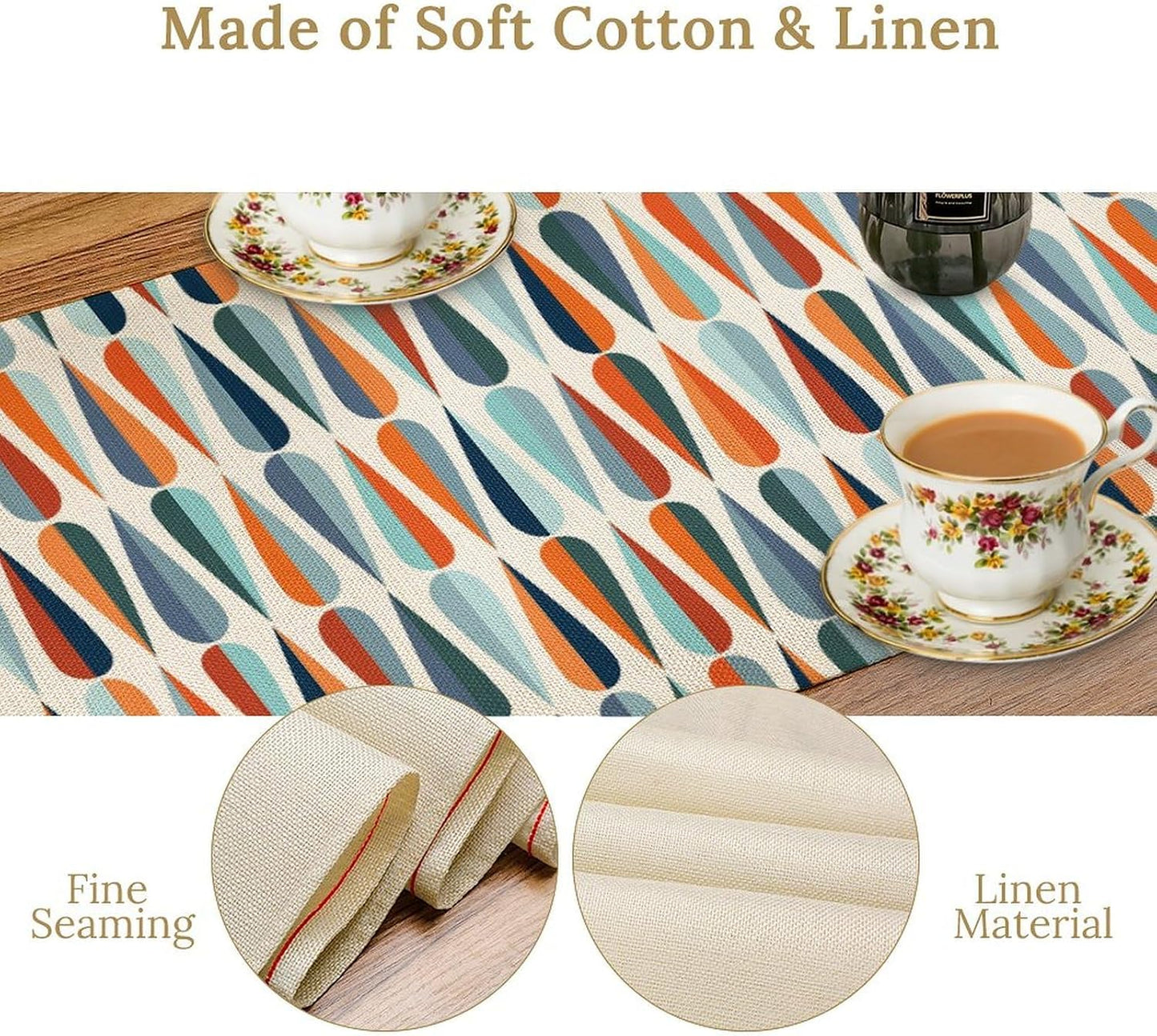 Modern Mid Century Table Runne Retro Blue Orange Grey Water Droplets Geometric Table Runner for Kitchen Dining Room