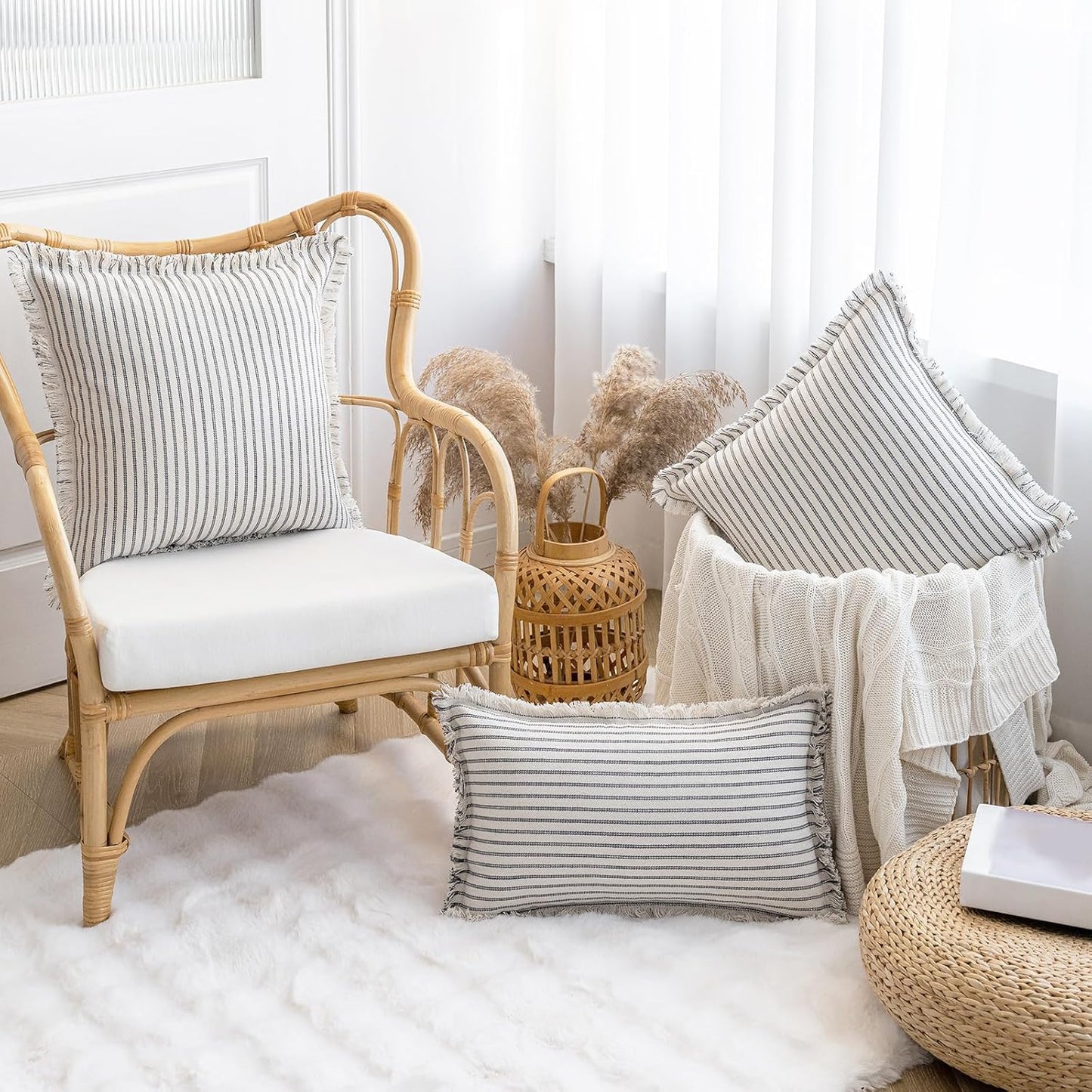 Throw Pillow Covers Striped Fringe Pillow Cover Farmhouse Cushion Covers / Grey / 24 x 24 / Set of 2