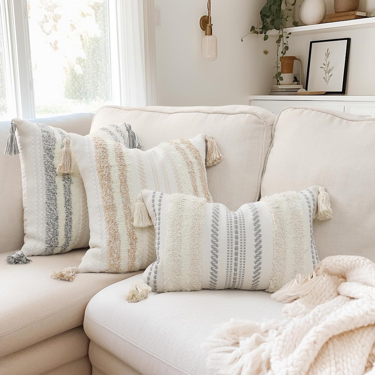 Summer Decorative Boho Throw Pillow Covers / 18 x 18 / Light Grey and Cream White / Set of 2