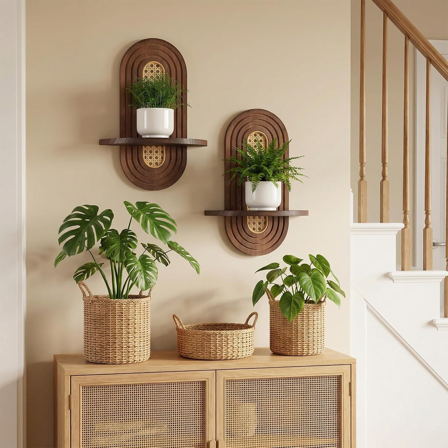 Floating Shelves / Mid-Century Modern Wooden Shelves Boho Rattan Plant / Set of 2