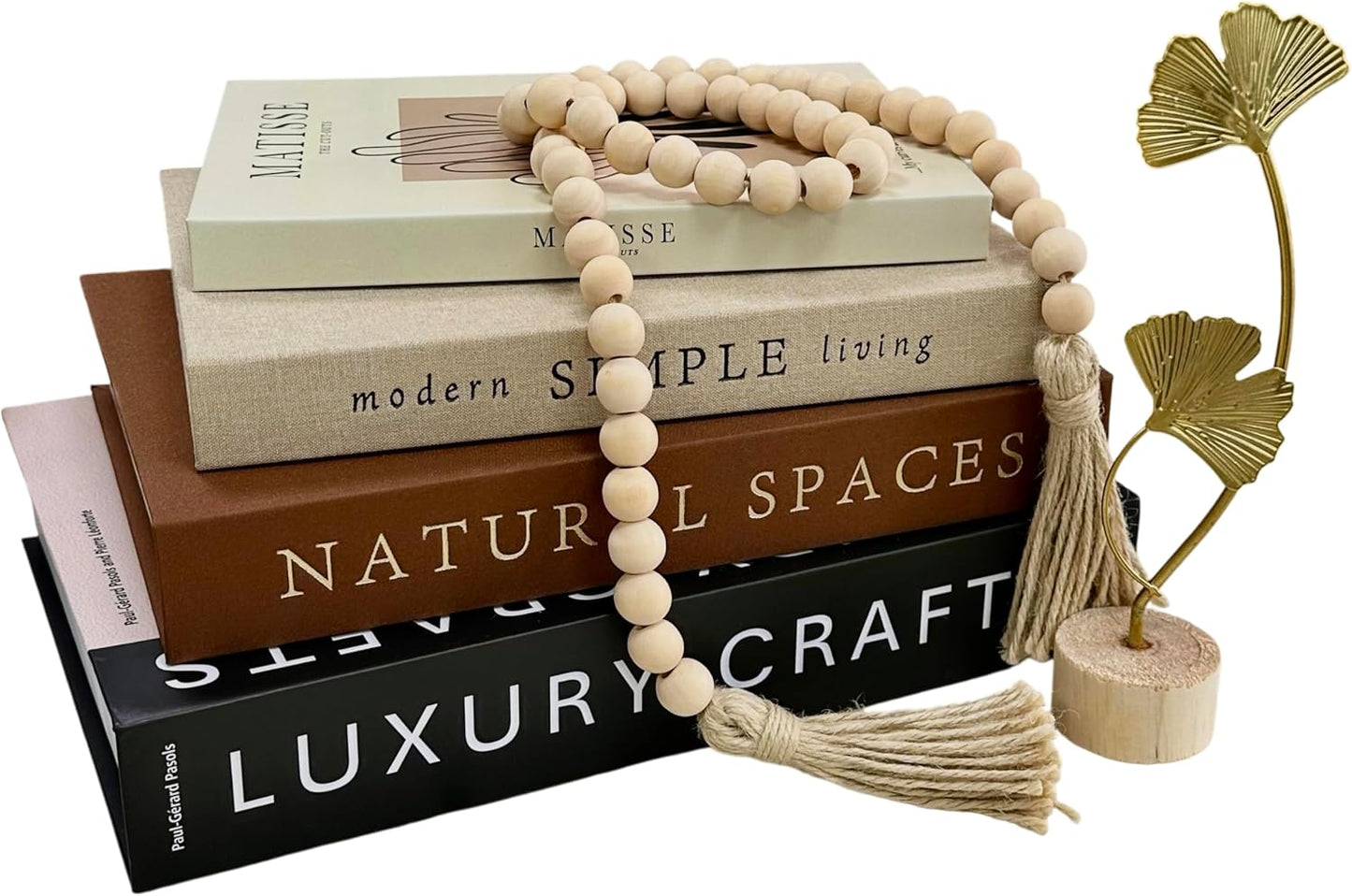 Decorative Book w/Wood Knot & Ginkgo Leaf Statue / Gold / Set of 4