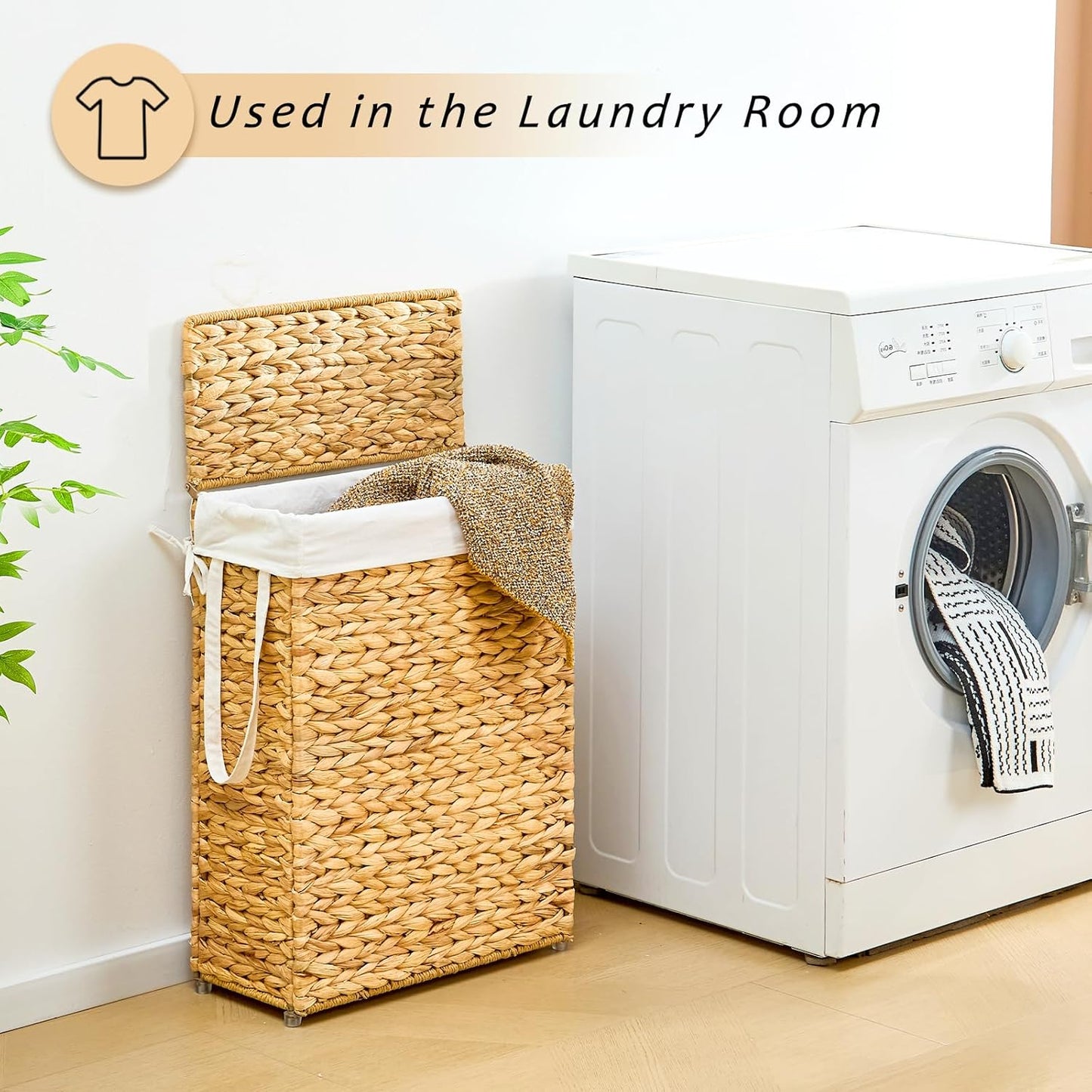 Narrow Wicker Laundry Basket / Hyacinth with Lid / 55L / Natural