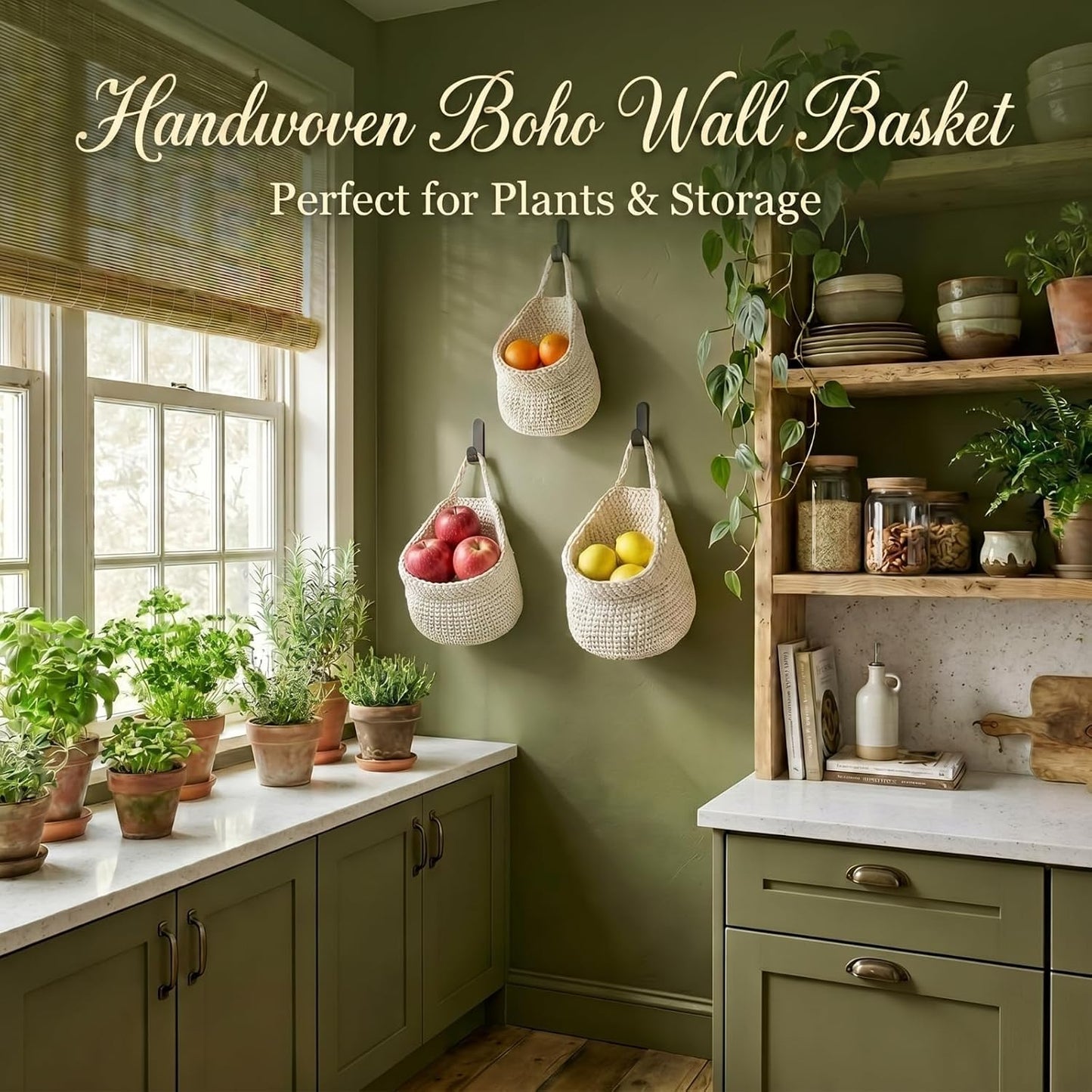 Boho Decor Hanging Wall Baskets / White / Cotton Rope / Barrel / Set of 3
