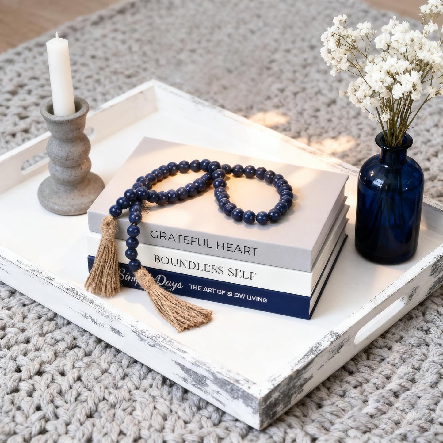 Navy Blue Decorative Books Minimalist Linen Hardcover Beaded / Navy Blue with Beads / Set of 3
