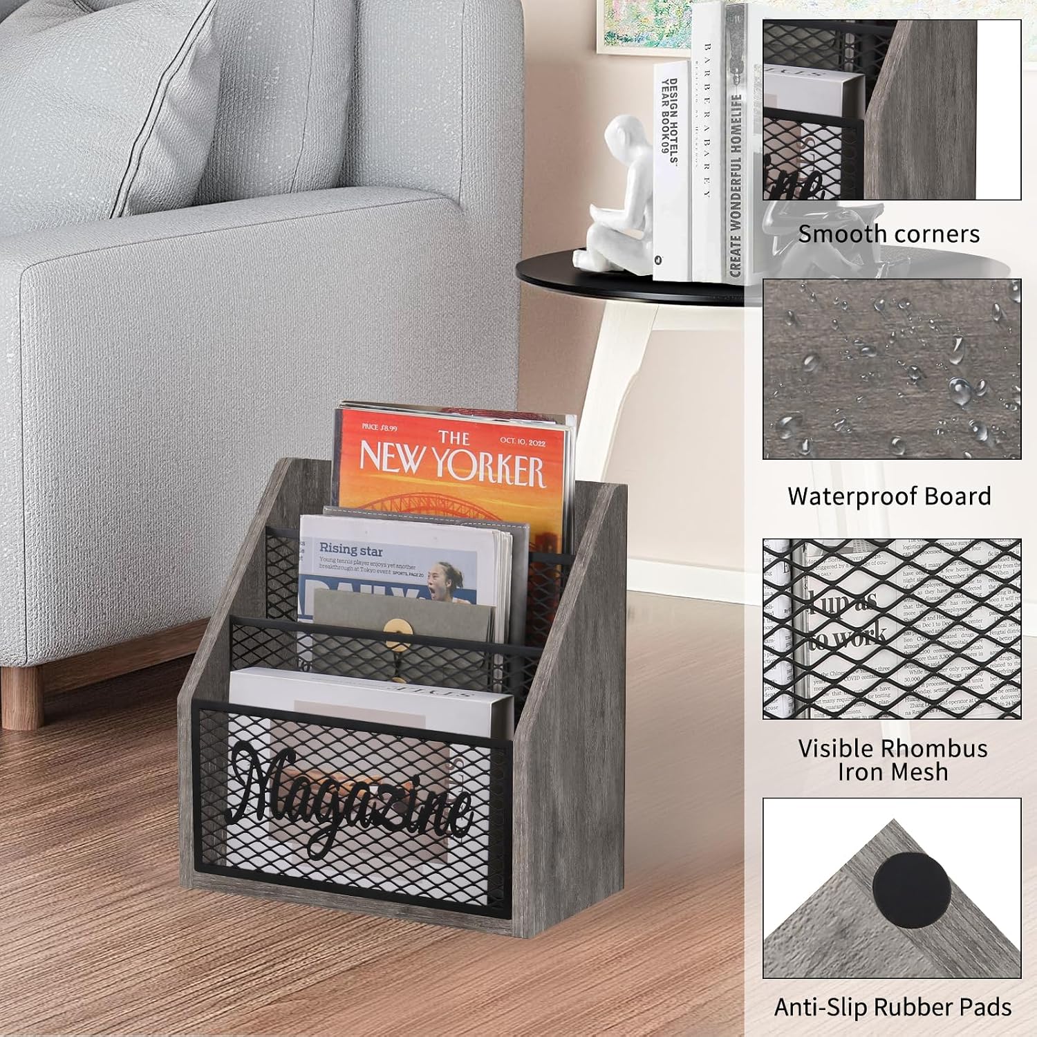 YINMIT 3 Tier Magazine Rack, Stepped Magazine Holder Floor for Home Storage | 3 Tier Stepped Design, Wood and Metal