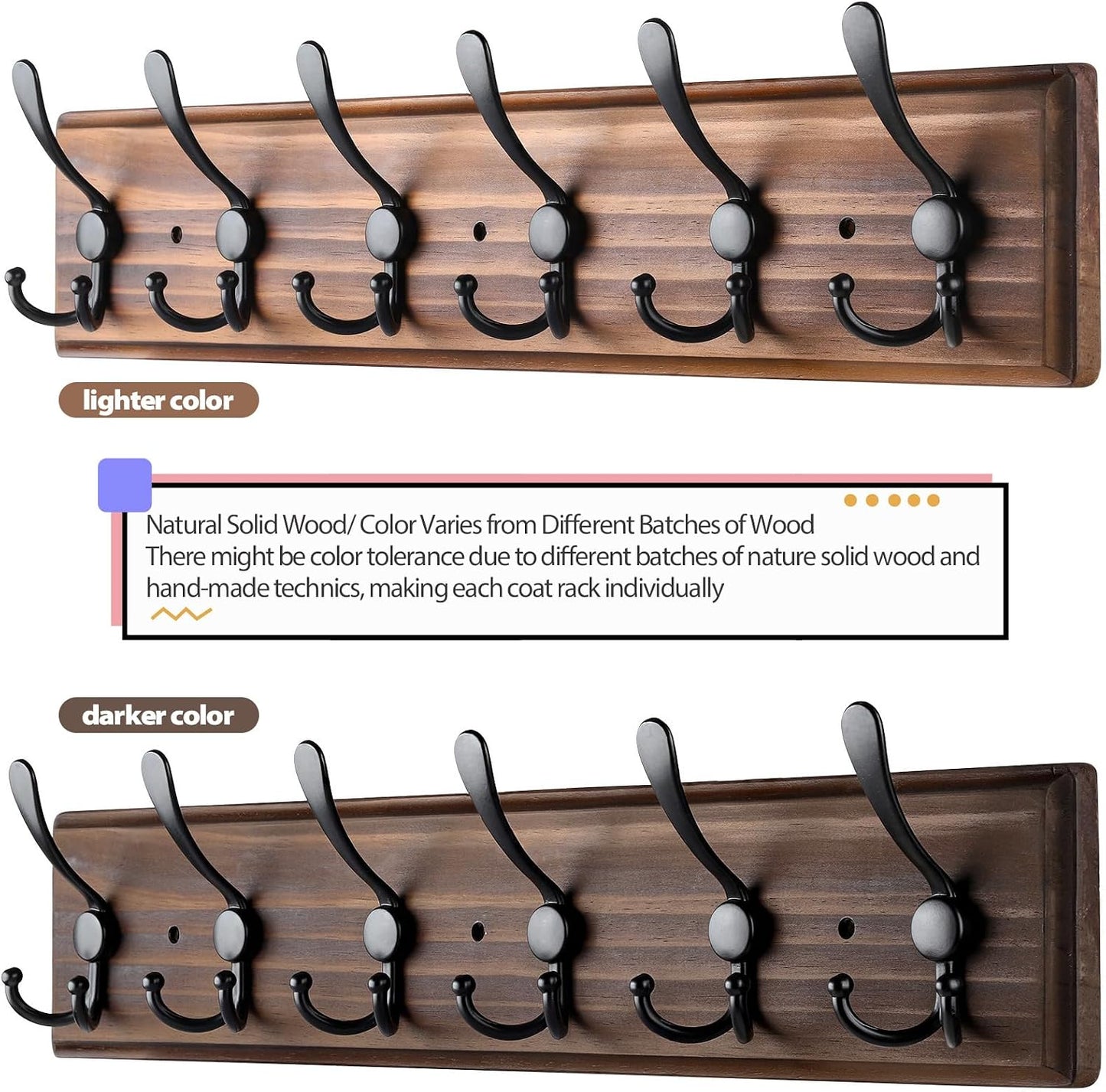 Coat Rack Wall Mount, Wooden Heavy Duty Coat Rack for Wall,6 Triple Coat Hanger Hooks for Hanging