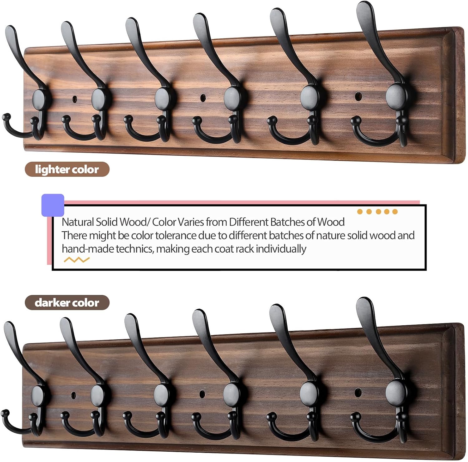 Coat Rack Wall Mount, Wooden Heavy Duty Coat Rack for Wall,6 Triple Coat Hanger Hooks for Hanging