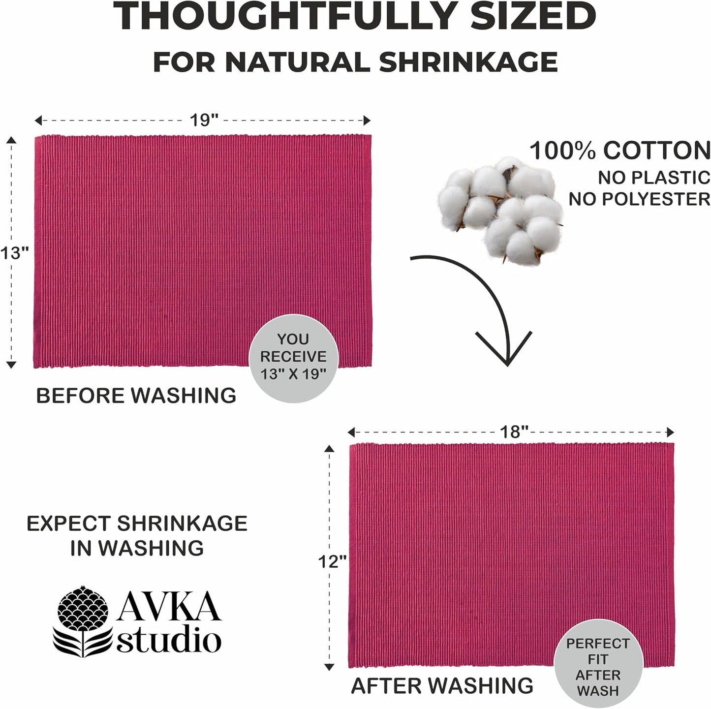 100% Cotton Ribbed Placemats - Set of 8-13 x 19 Inches - Fuchsia/Bright Pink - Everyday Basic Fabric Table Mats - Thick