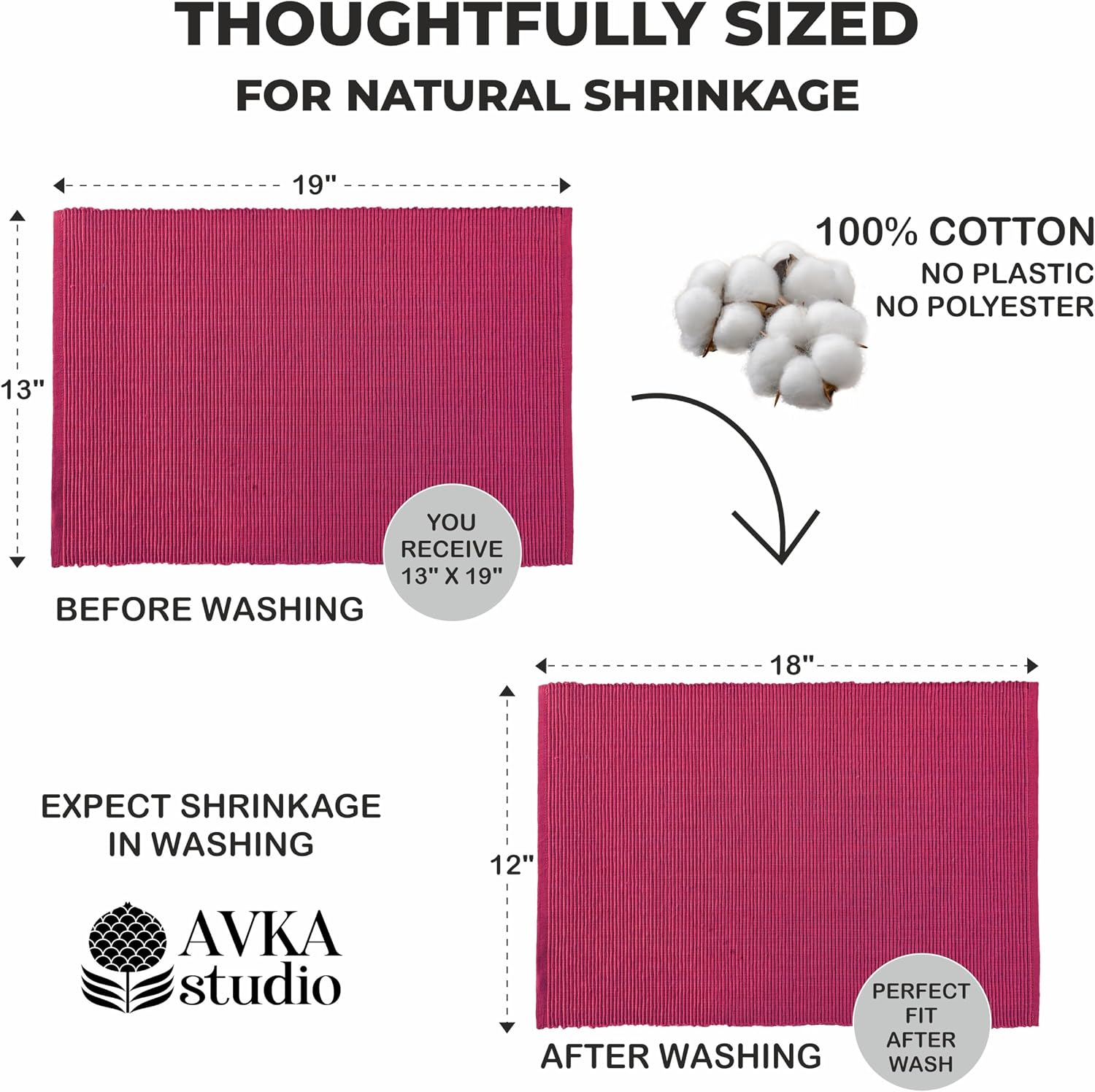 100% Cotton Ribbed Placemats - Set of 6-13 x 19 Inches - Fuchsia/Bright Pink - Everyday Basic Fabric Table Mats - Thick