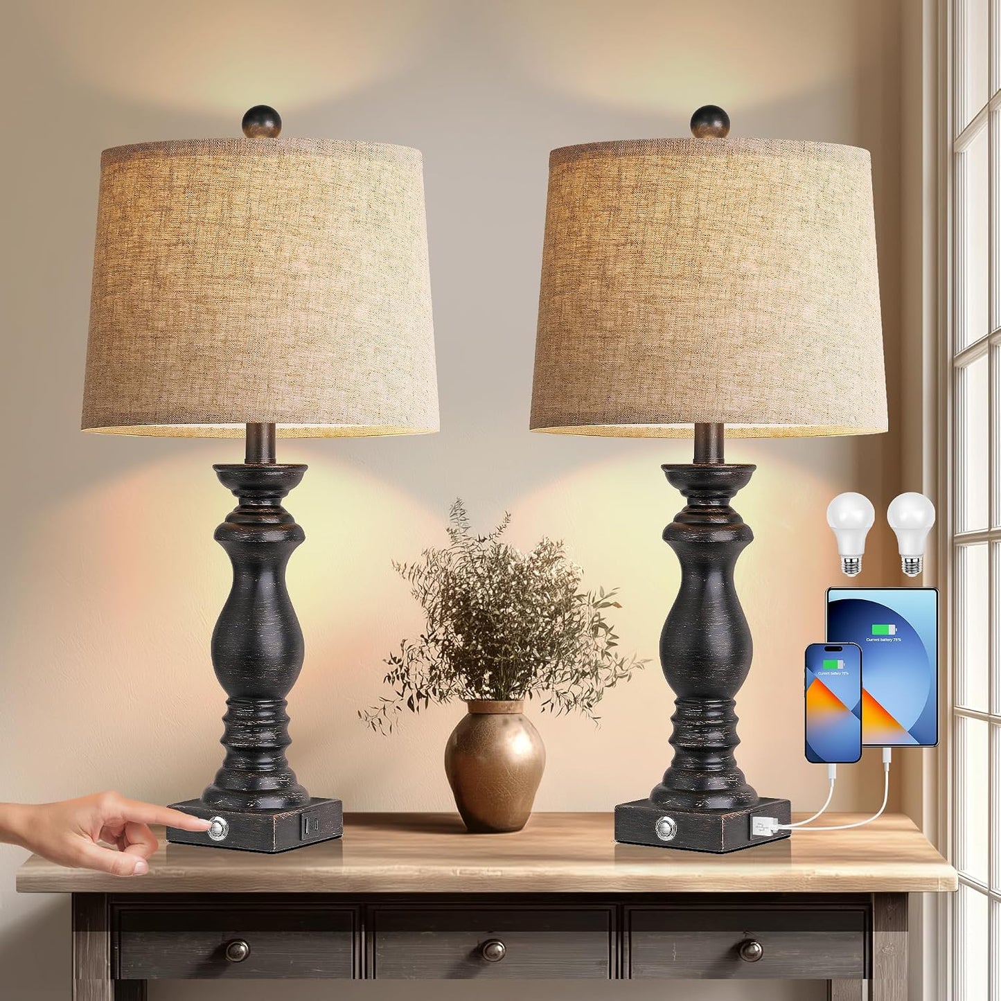 24.5" Table Lamp Set of 2, Rustic Farmhouse Bedside Lamps with USB A+C Charging Ports, 3-Way Dimmable Touch Control