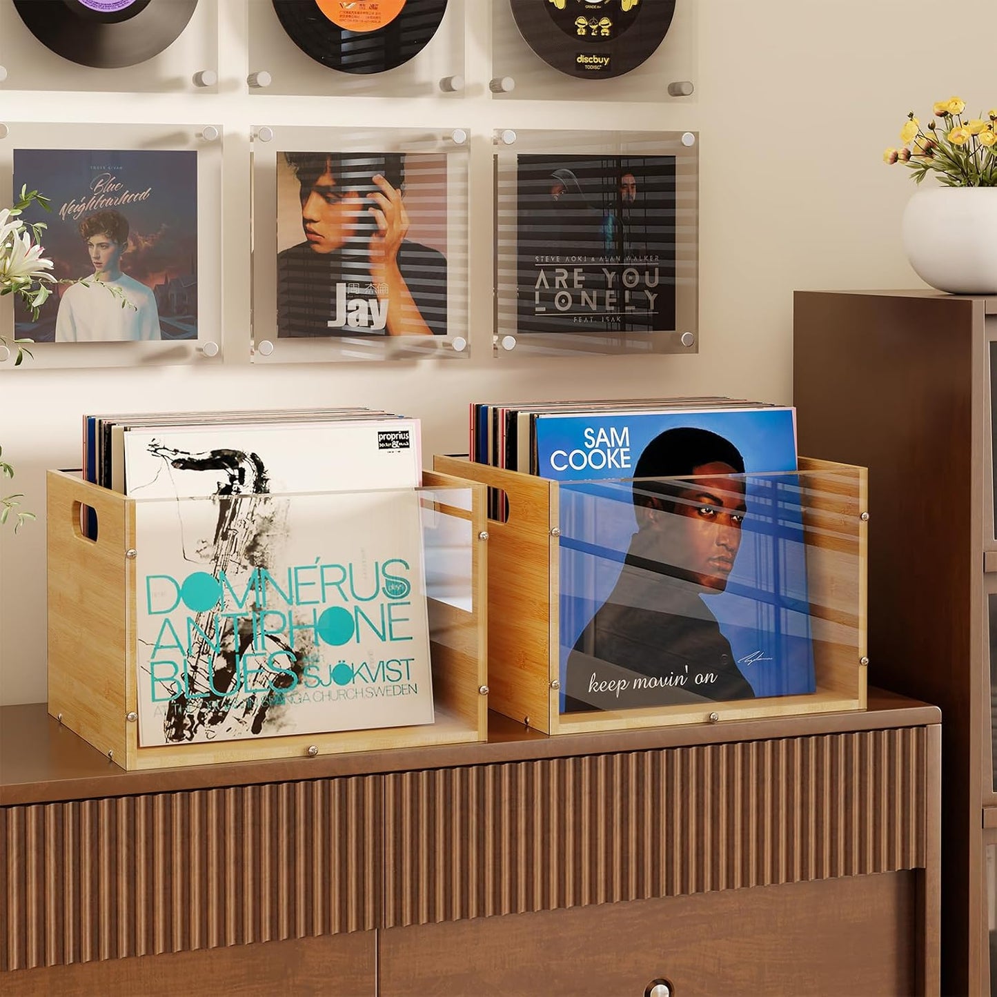X-cosrack Vinyl Record Storage Crate, Visible Vinyl Record Holder | Acrylic & Bamboo Record Crates with Handle for LP