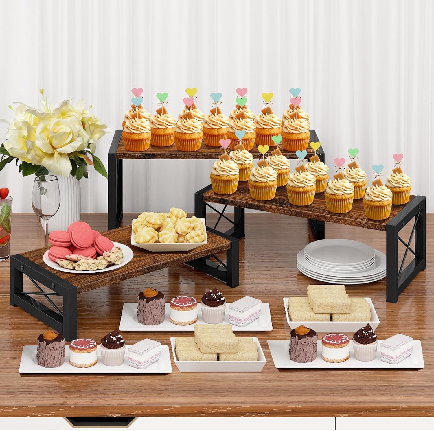 ELITEROO 3 Tier Cupcake Stand & Wood Display Risers, Dessert Stands for Cup Cake or Food, Riser Display Stand for
