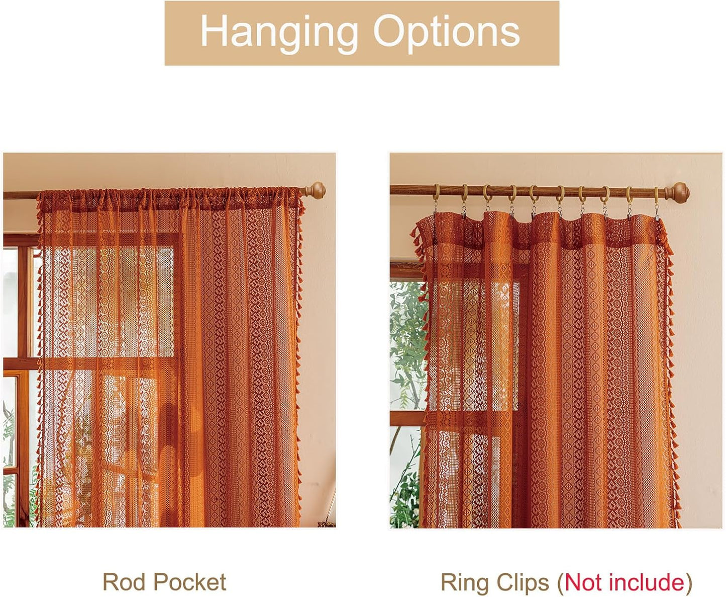 Boho Lace Curtains 2 Panels Long / Terracotta / 50"W x 84"L / Orange / 84 Inch