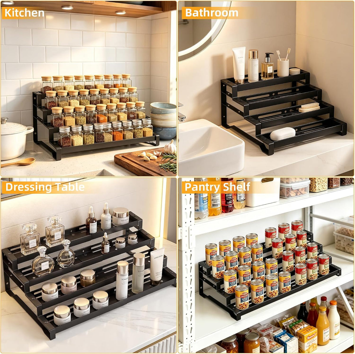 Spice Rack Organizer for Cabinet, 13-21.5" Expandable Spicy Shelf | 11.6" Depth 4-Tier Black Metal Seasoning Organizer