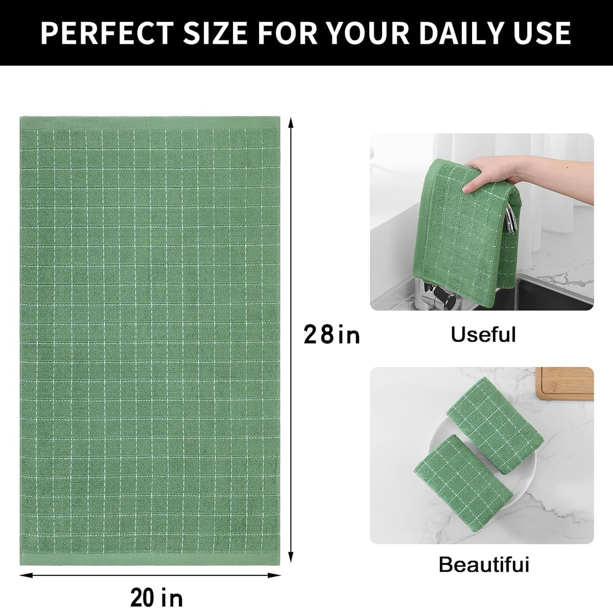 Homaxy 100% Cotton Terry Kitchen Towels, Large 8 Pack, Grass Green | Ultra Soft and Absorbent Dish Towels for Kitchen