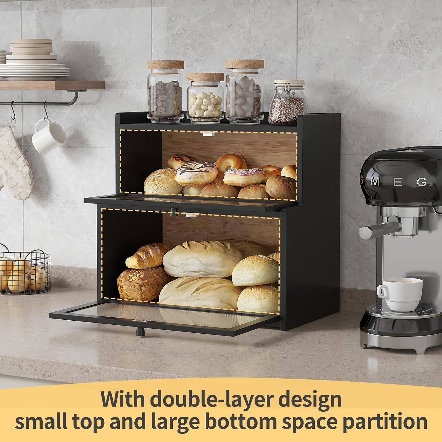 Double Layer Bamboo Bread Box for Kitchen Counter,Bread Holder,Countertop Bread Storage with Window (Black)