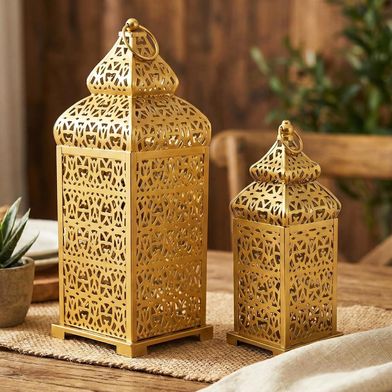 Vela Lanterns Decorative Indoor Moroccan Candle Holders, Gold, Set of 2 | Ramadan, Eid & Islamic Home Decor, Large