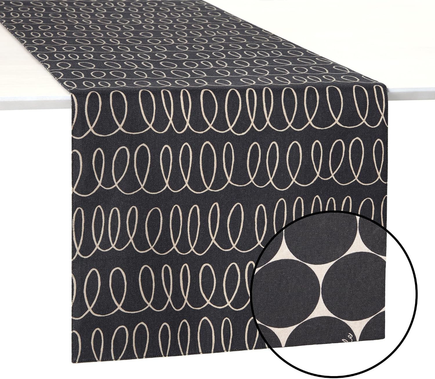 kate spade new york in The Loop & Joy Dot Reversible Table Runner, 100% Cotton, Machine Washable, Black/Beige, 15"x72"