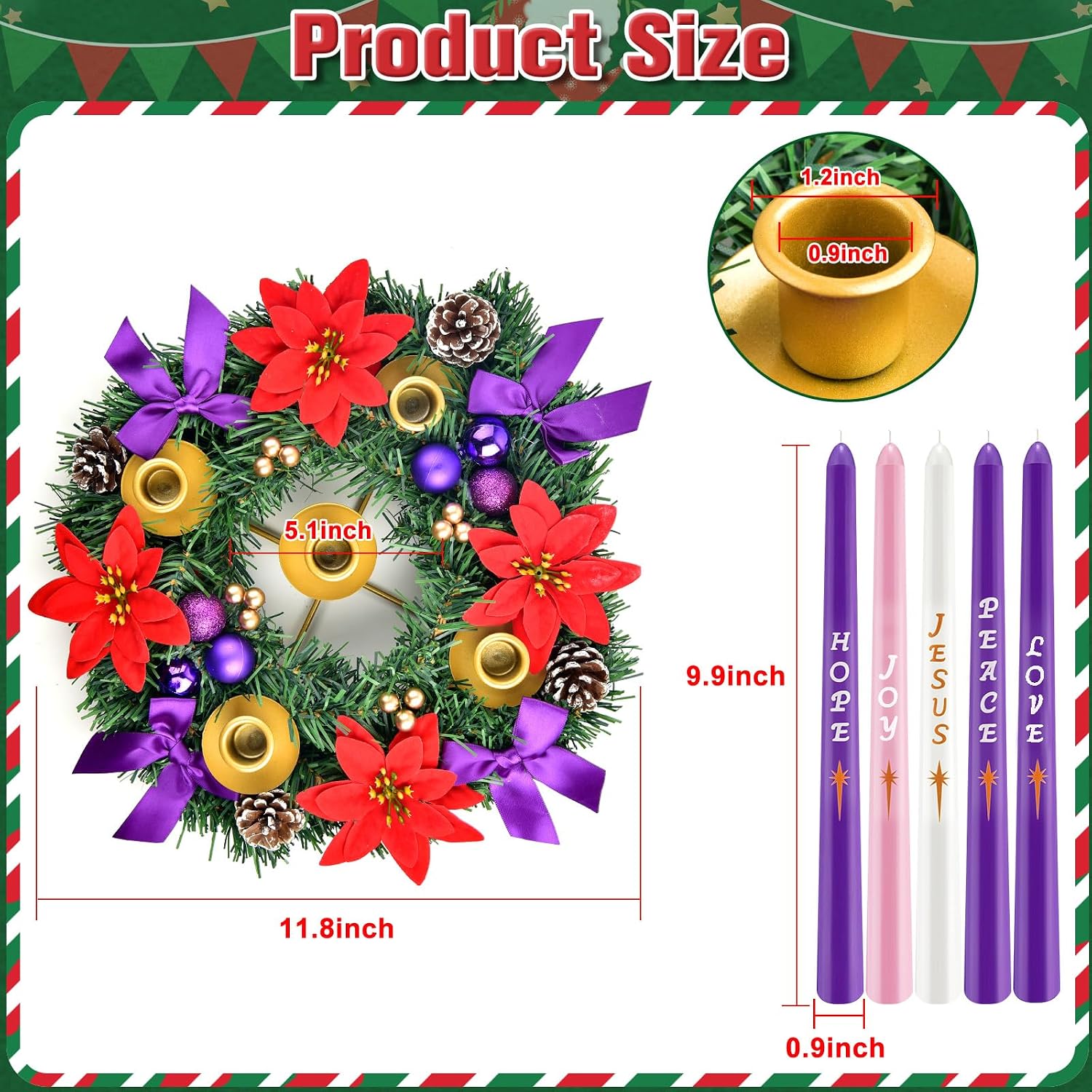12in Christmas Advent Wreath 5 Candle Holder With Metal Cups For Taper Candles Advent Wreath And Candles Set Safety