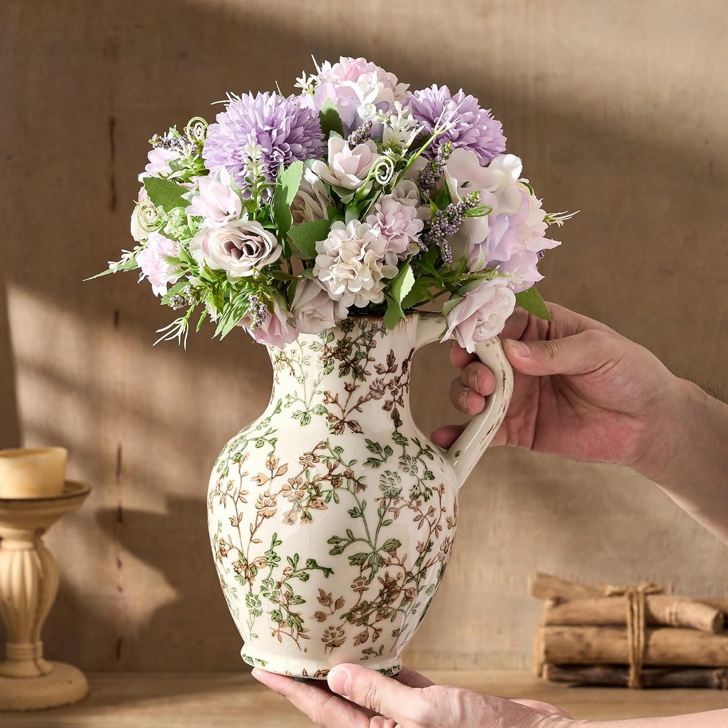 Ceramic Vase / Vintage Vase / Green and Beige