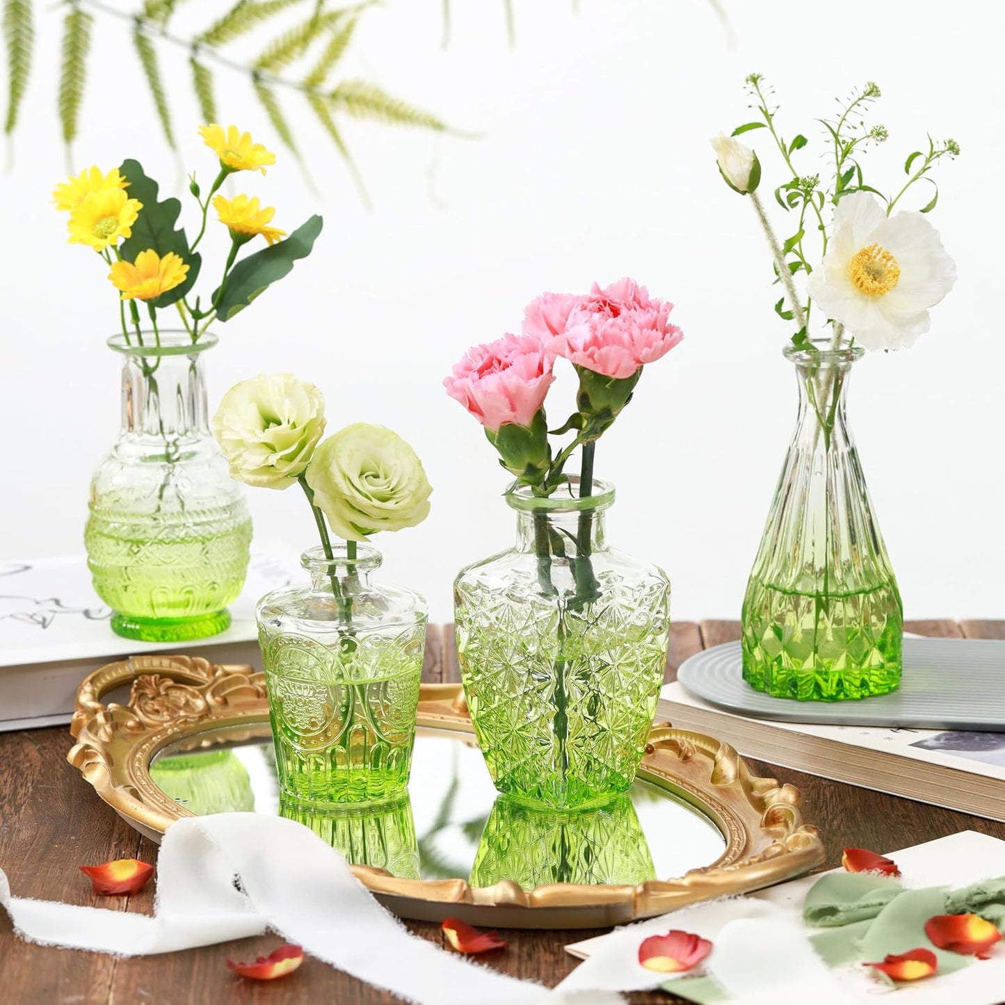 Vintage Small Glass Vases / Olive Green / Set of 10