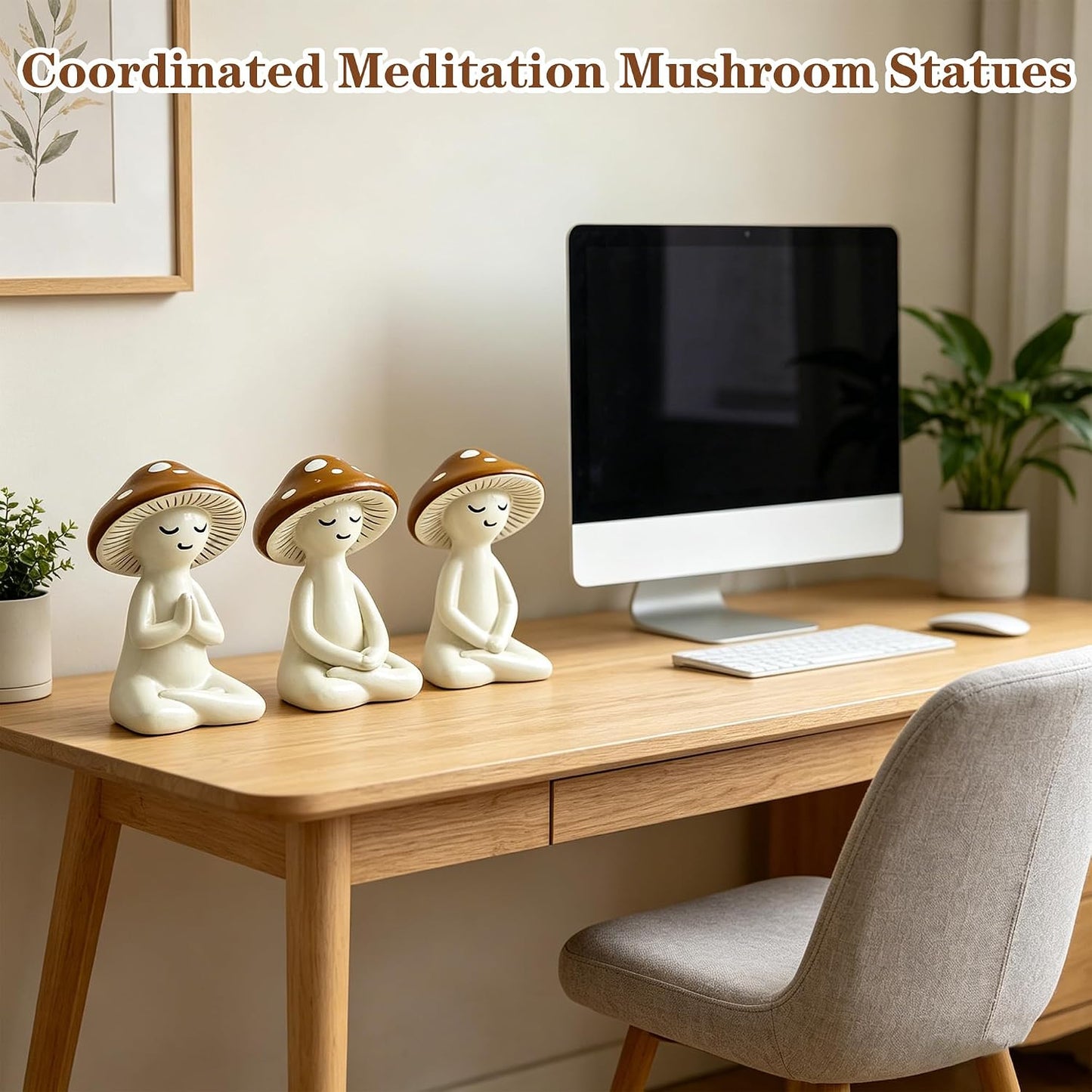 Resin Figurine / Meditation Mushroom Decor Statue / Brown / Set of 3