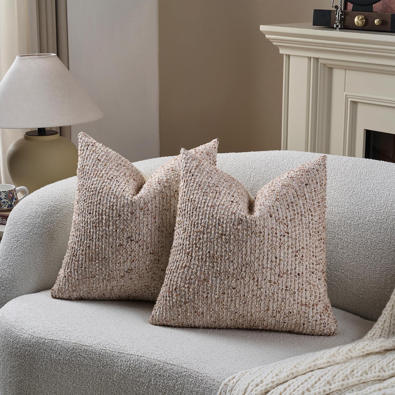 Striped Throw Pillow Covers Textured Boucle Chic Morden Boho Accent / Beige / 18 x 18 / Set of 2