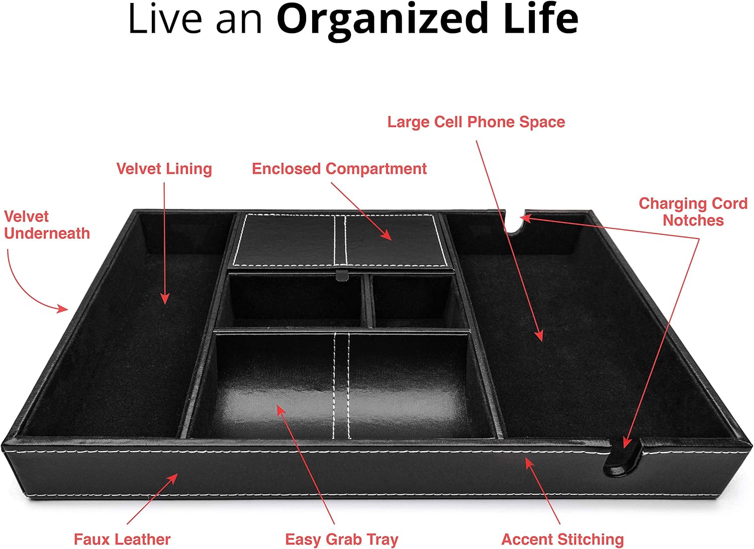 ULTRAY, Valet Tray for Men, Nightstand Organizer, Entry Table Organizer, Catch All, Black Faux Leather Box, 6