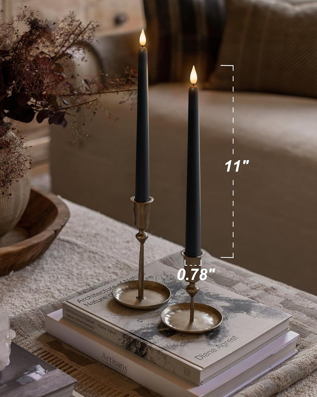 Homemory 12 Pcs Black Flameless Taper Candles Flickering, NO Remote, 11 Inches Taper Candles Battery Operated