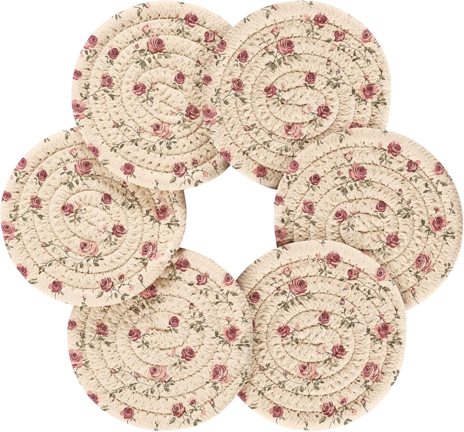 Holder Absorbent Round Coasters for Wooden Table Tabletop Protection Party / Vintage Rose / Set of 6