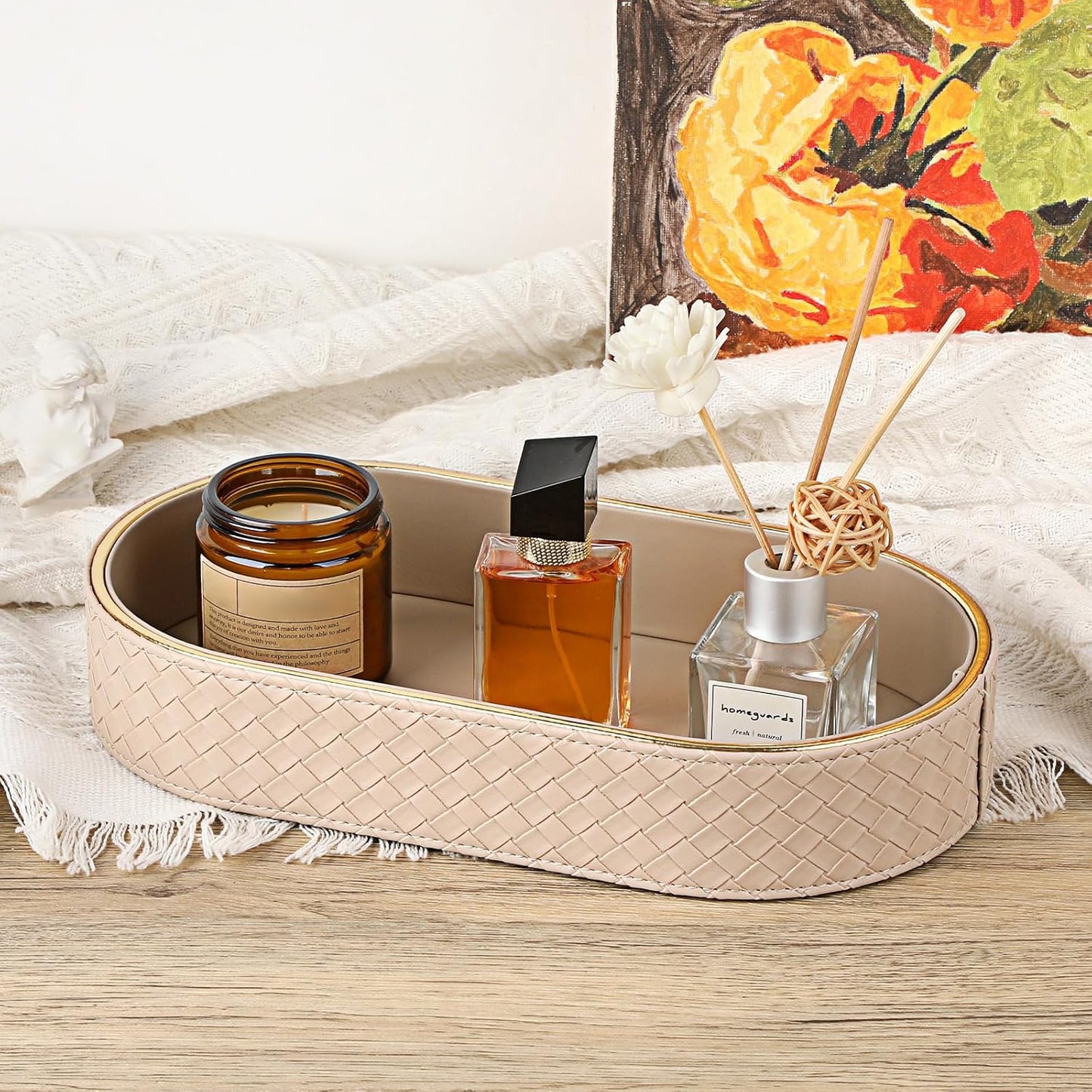 Perfume Trays PU Leather Vanity Tray for Dresser Bathroom Valet Trays Oval / 11 x 5.9 x 2 / Beige