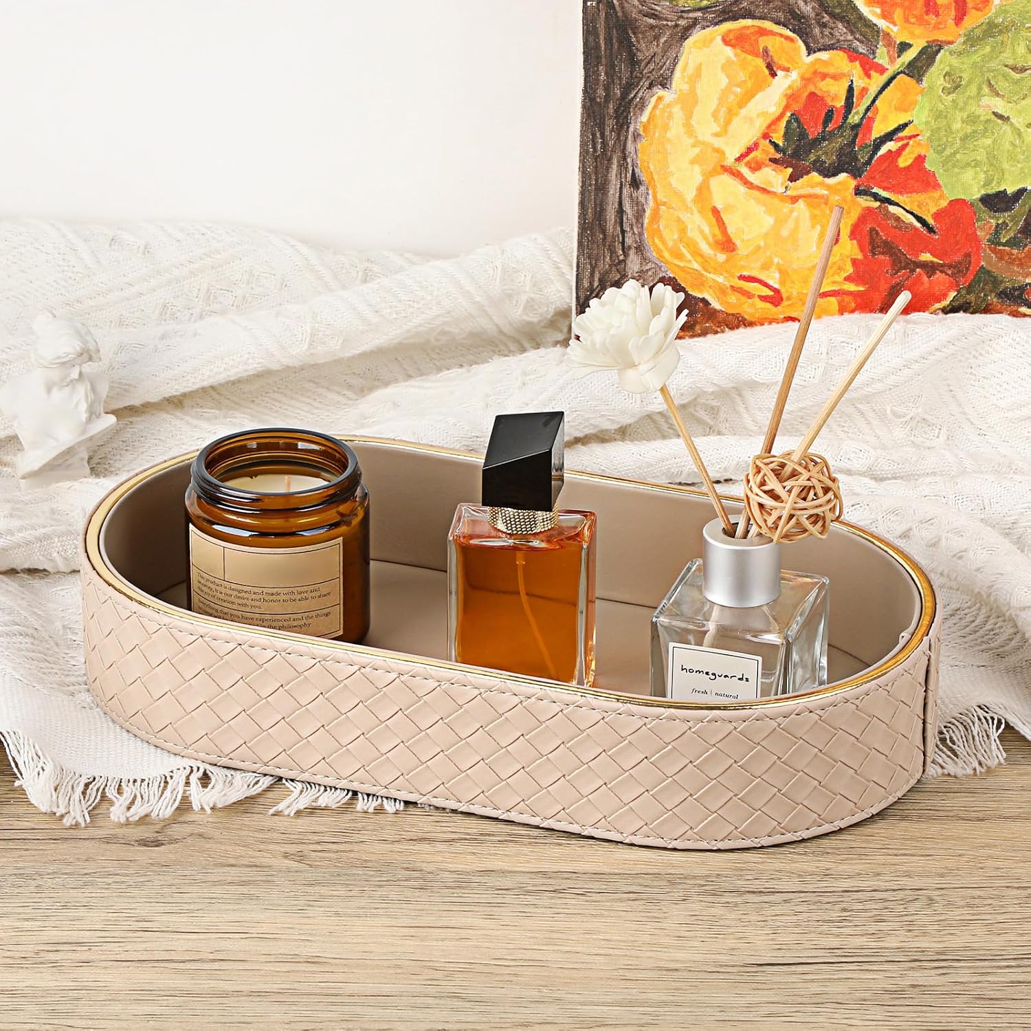 Perfume Trays PU Leather Vanity Tray for Dresser Bathroom Valet Trays Oval / 11 x 5.9 x 2 / Beige