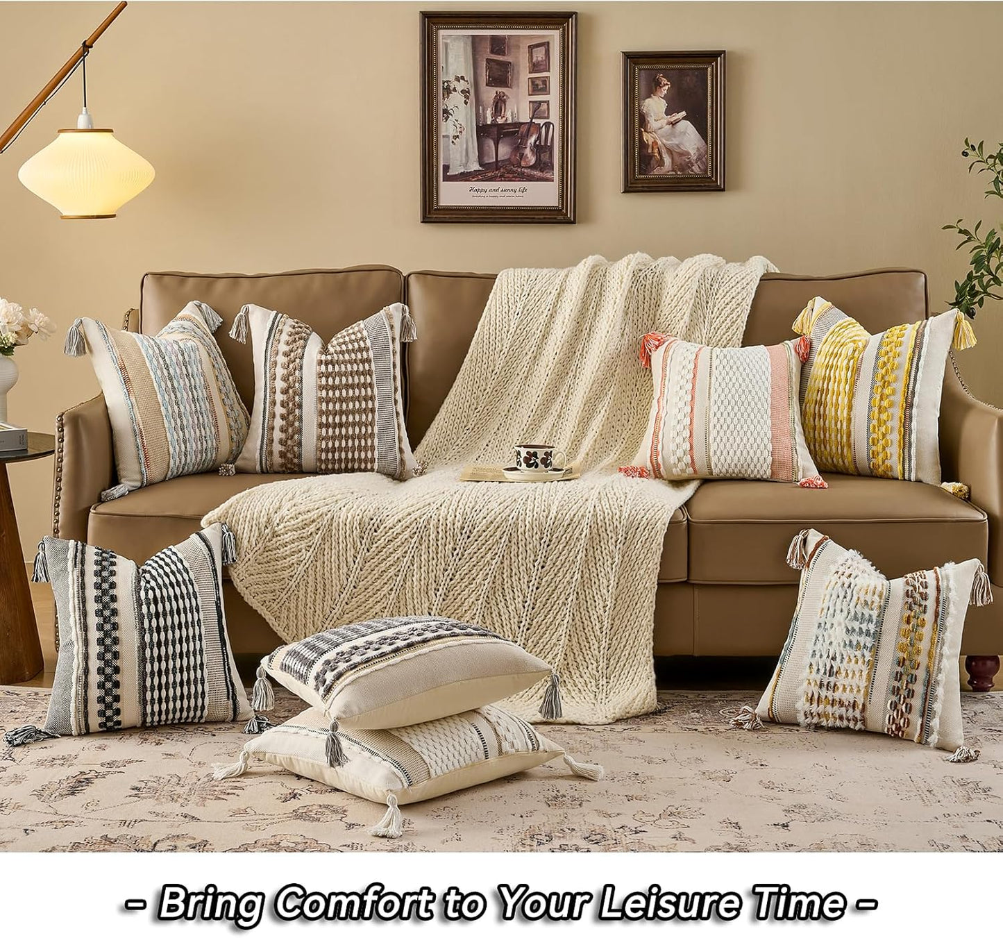 Tassels Woven Decorative Pillow Case / 18 x 18 / Brown White