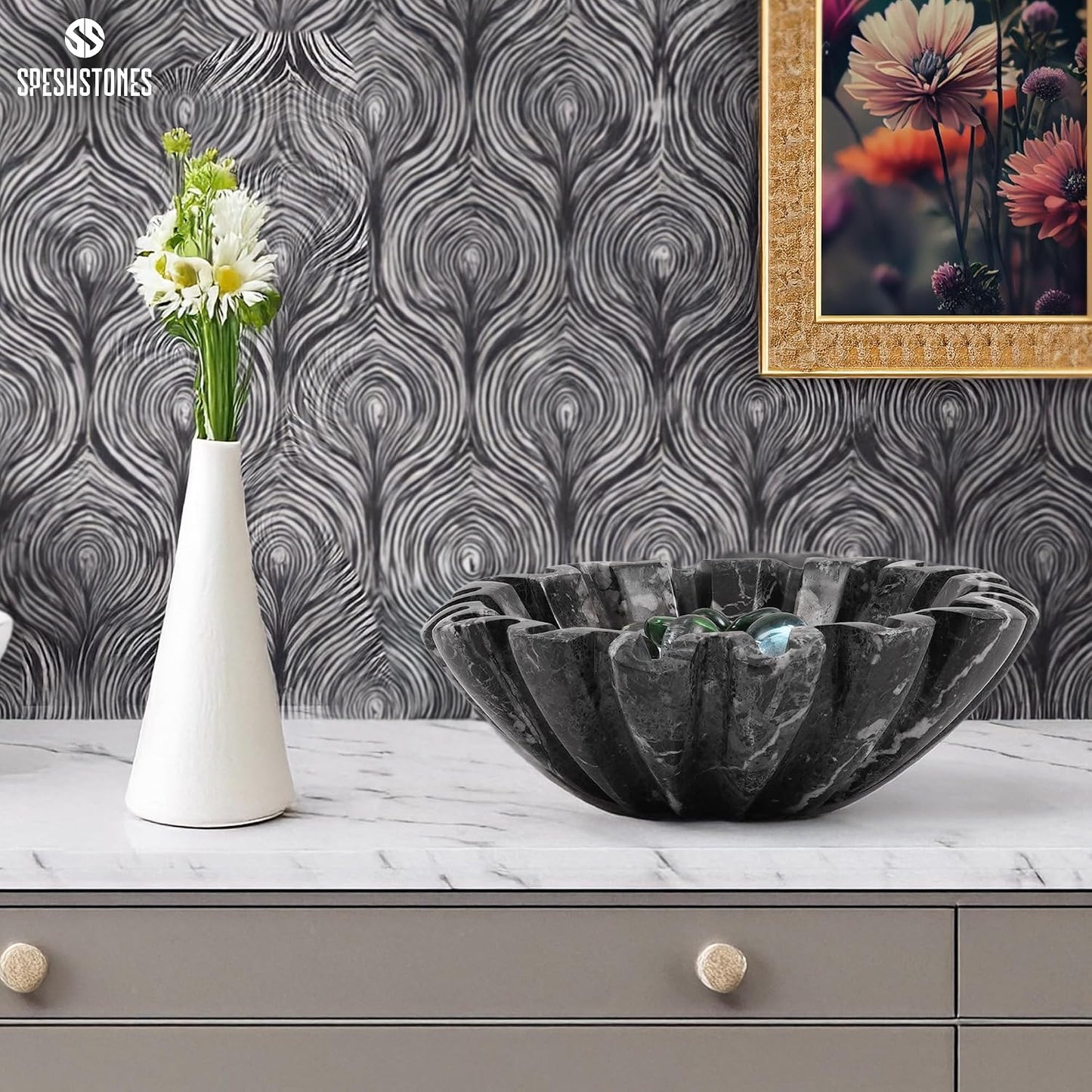 Marble Scalloped Bowl Handmade Ruffle Bowl / Black / 6 Inches