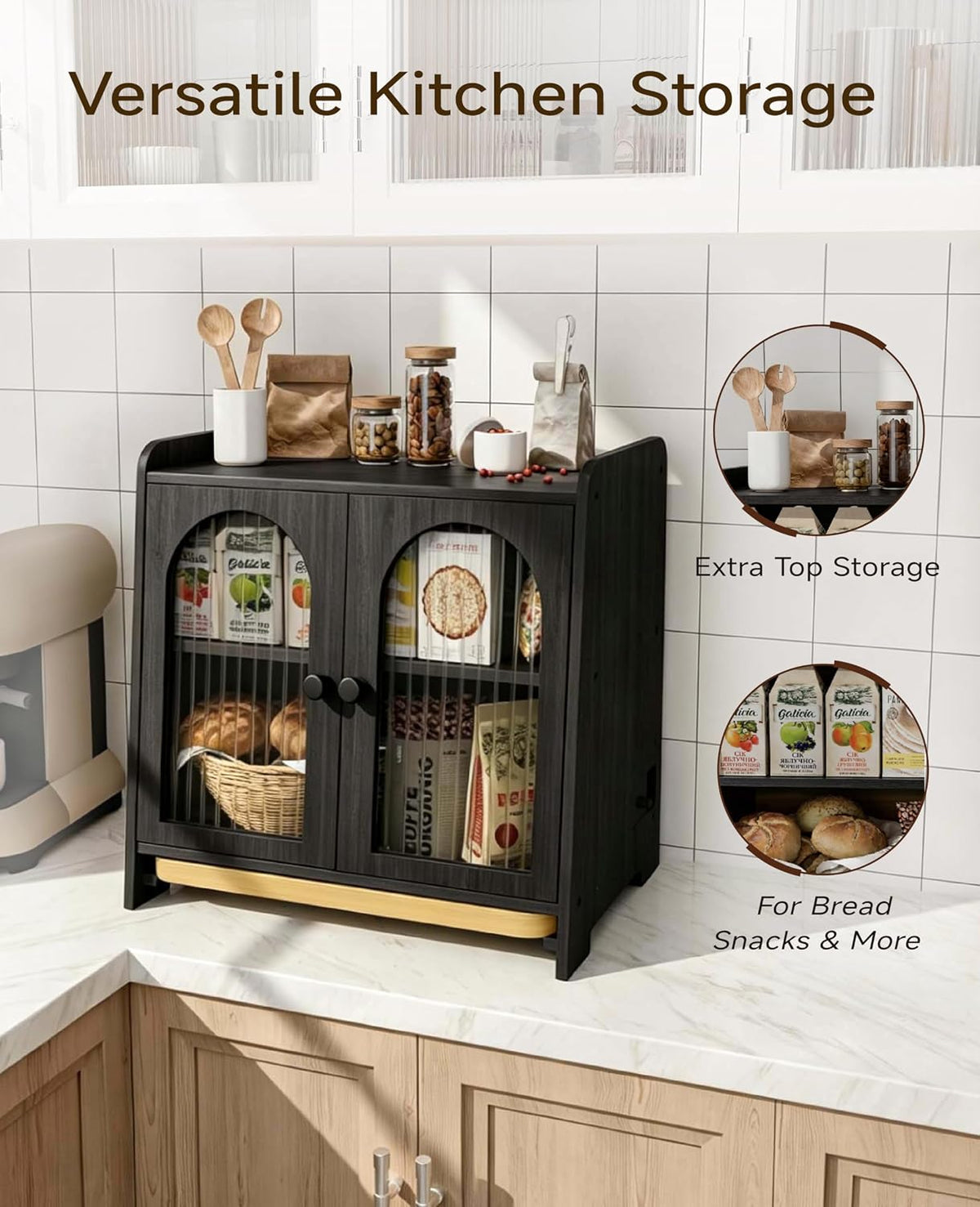 Bread Box for Kitchen Countertop, Large Double Layer Wooden Bread Storage Container with Acrylic Window, Adjustable Air