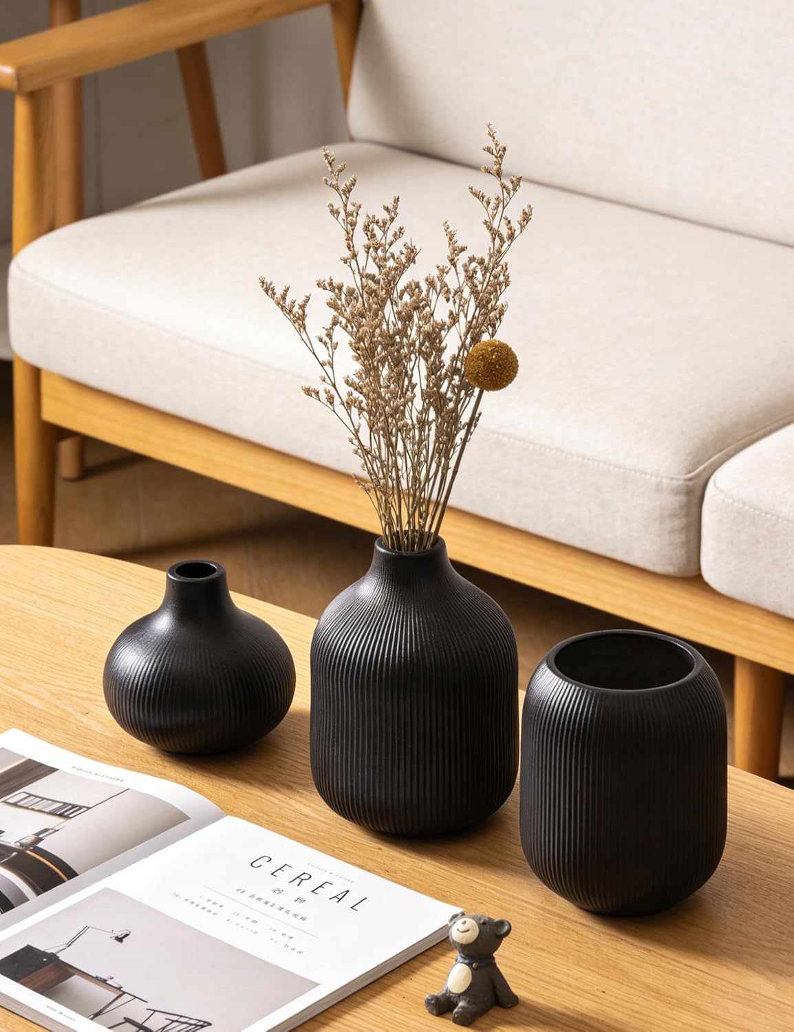 Black Ceramic Vase Set 3 Modern Style Decor Farmhouse Home Living Room Dining Table Room / 15 Black