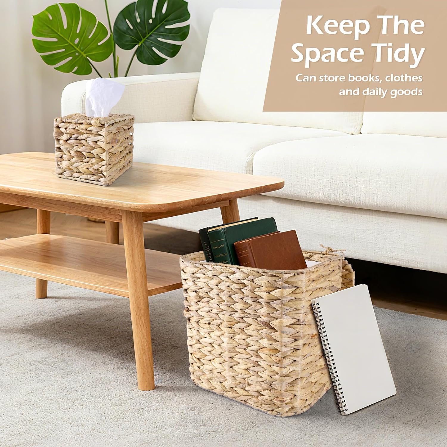 Wicker Trash Can and Handwoven Tissue Box Cover Set Rattan Waste Basket