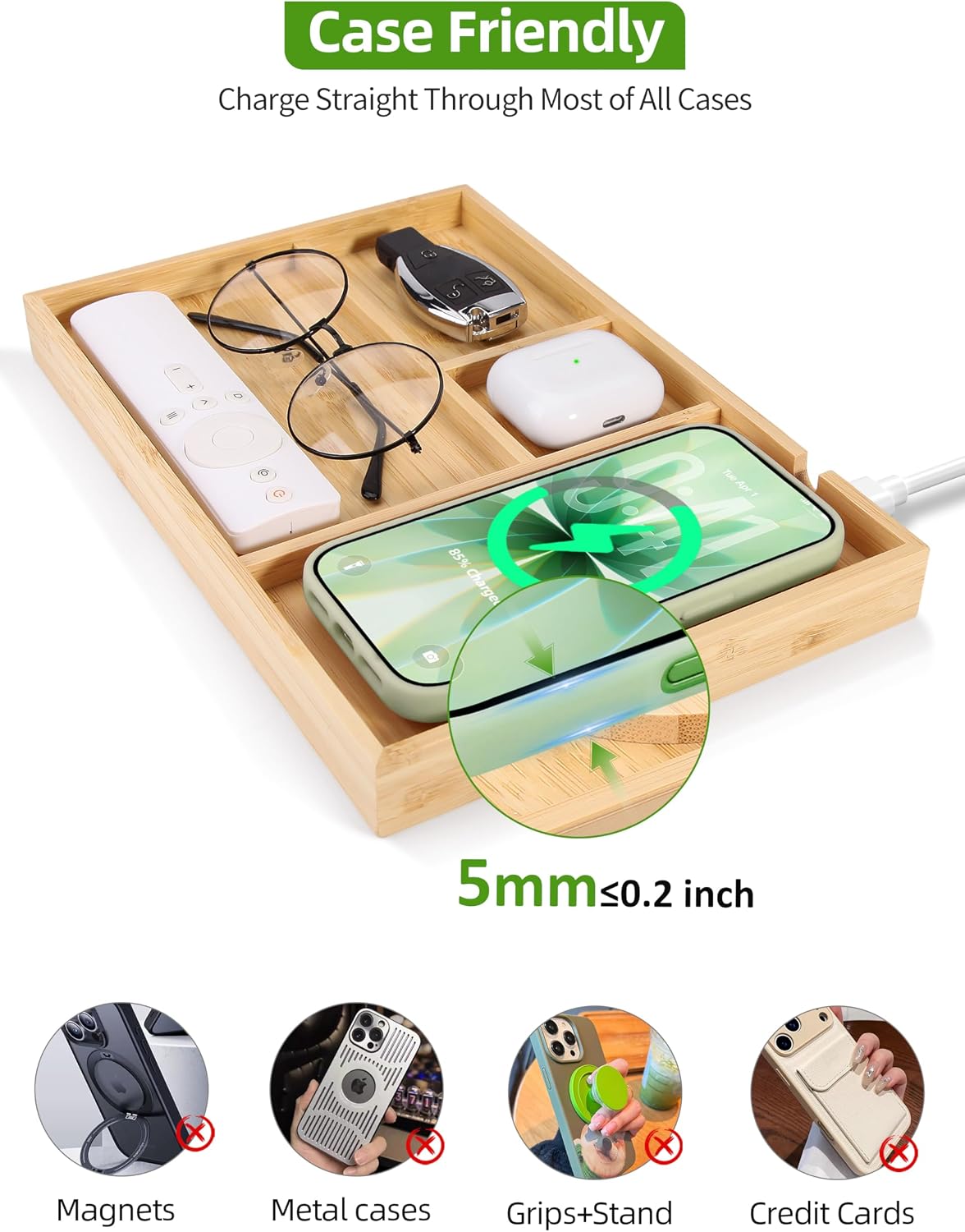 Bamboo Valet Tray with Dual Wireless Charger - EDC Nightstand Organizer for Men - Desk Tray & Catchall for Phone