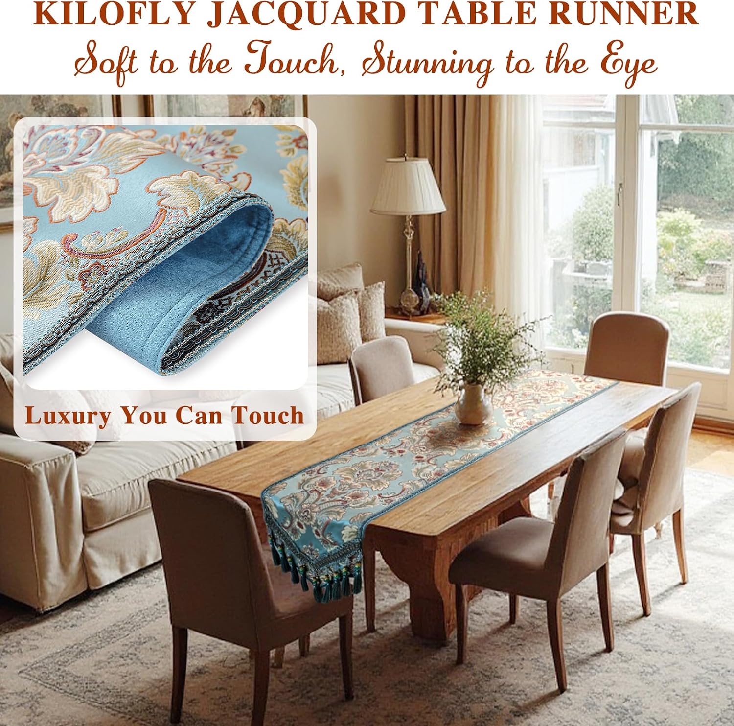 kilofly Elegant Floral Brocade Jacquard Table Runner Tassels (96 x 12 inches)