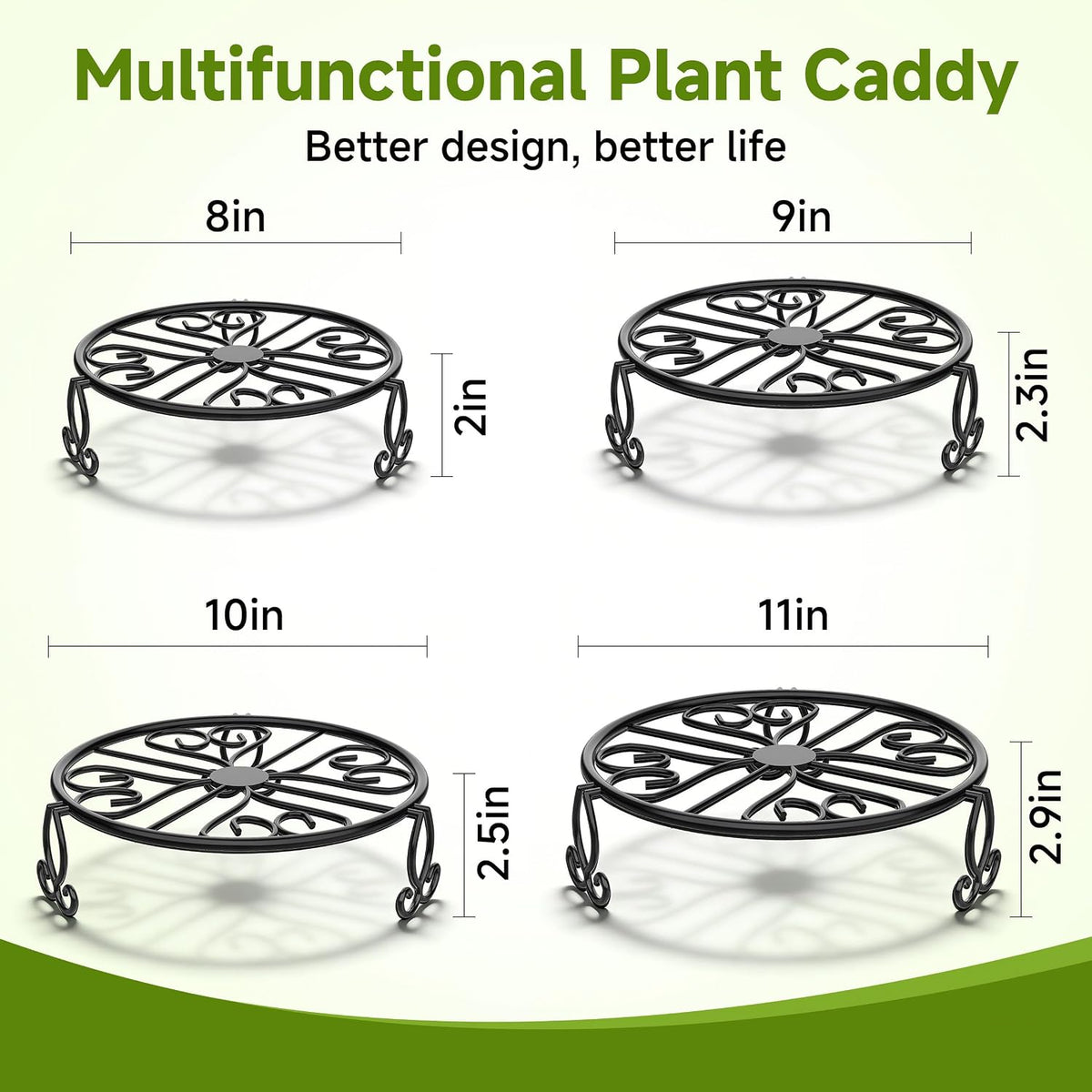 8" 9" 10" 11" 4-Pack Sturdy Plant Stands for Outdoor & Indoor Use, Heavy Duty Rustproof Metal Pot Stand Holder, Single