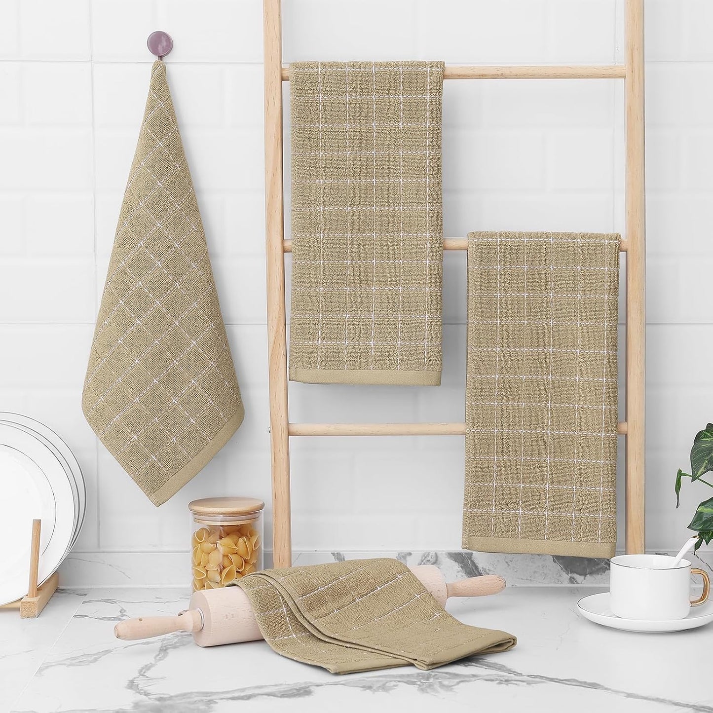Homaxy 100% Cotton Terry Kitchen Towels, 12 Pack, Tan | Ultra Soft and Absorbent Dish Towels for Kitchen, Suitable for
