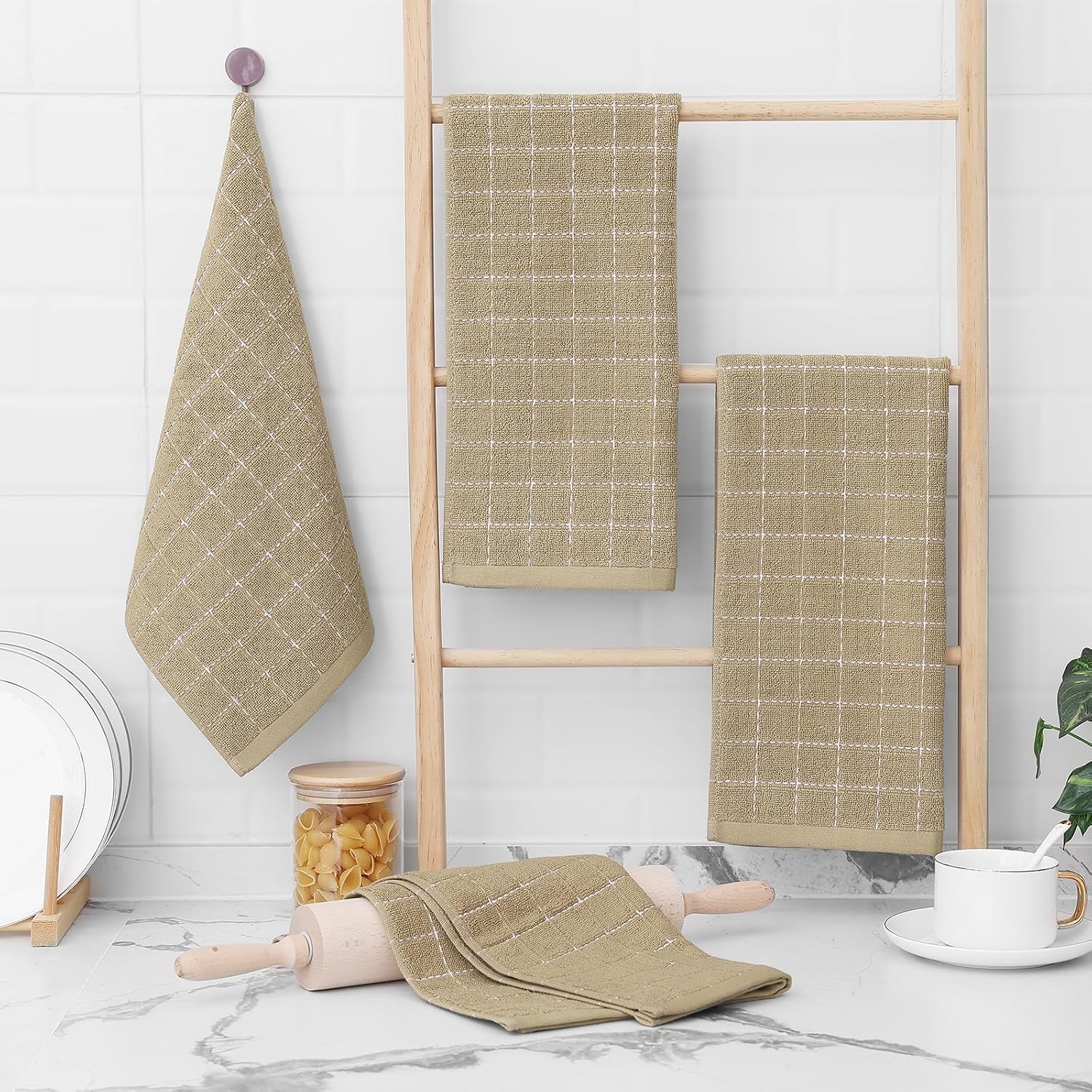 Homaxy 100% Cotton Terry Kitchen Towels, 12 Pack, Tan | Ultra Soft and Absorbent Dish Towels for Kitchen, Suitable for