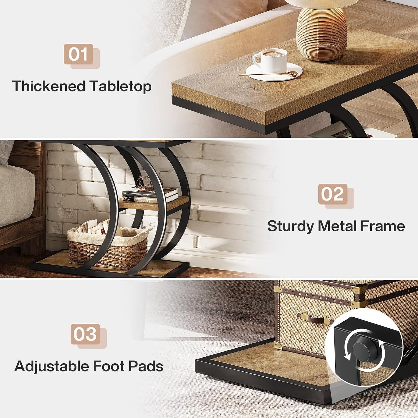 3-Tier Narrow Wood Couch C-Shaped Side Table