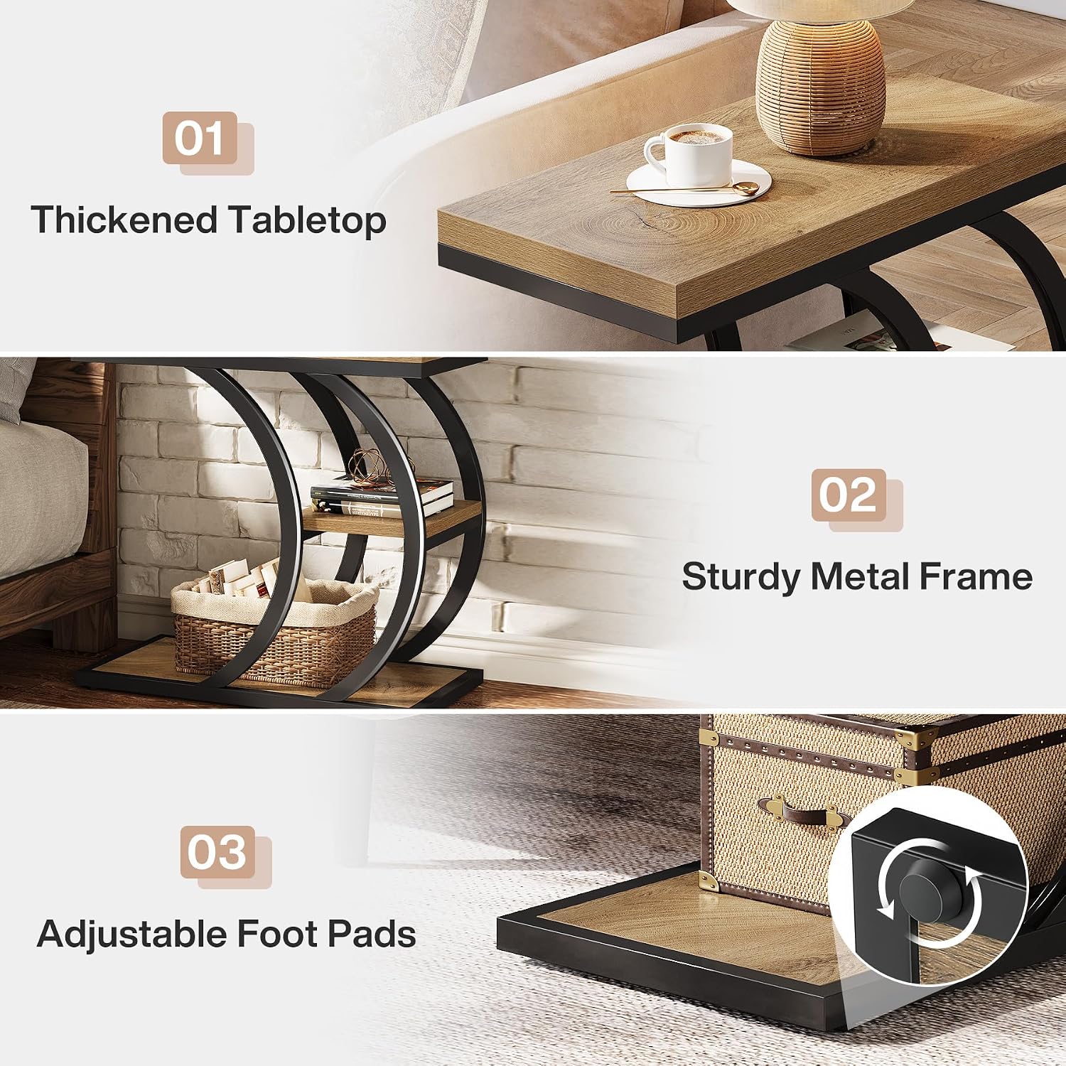 3-Tier Narrow Wood Couch C-Shaped Side Table